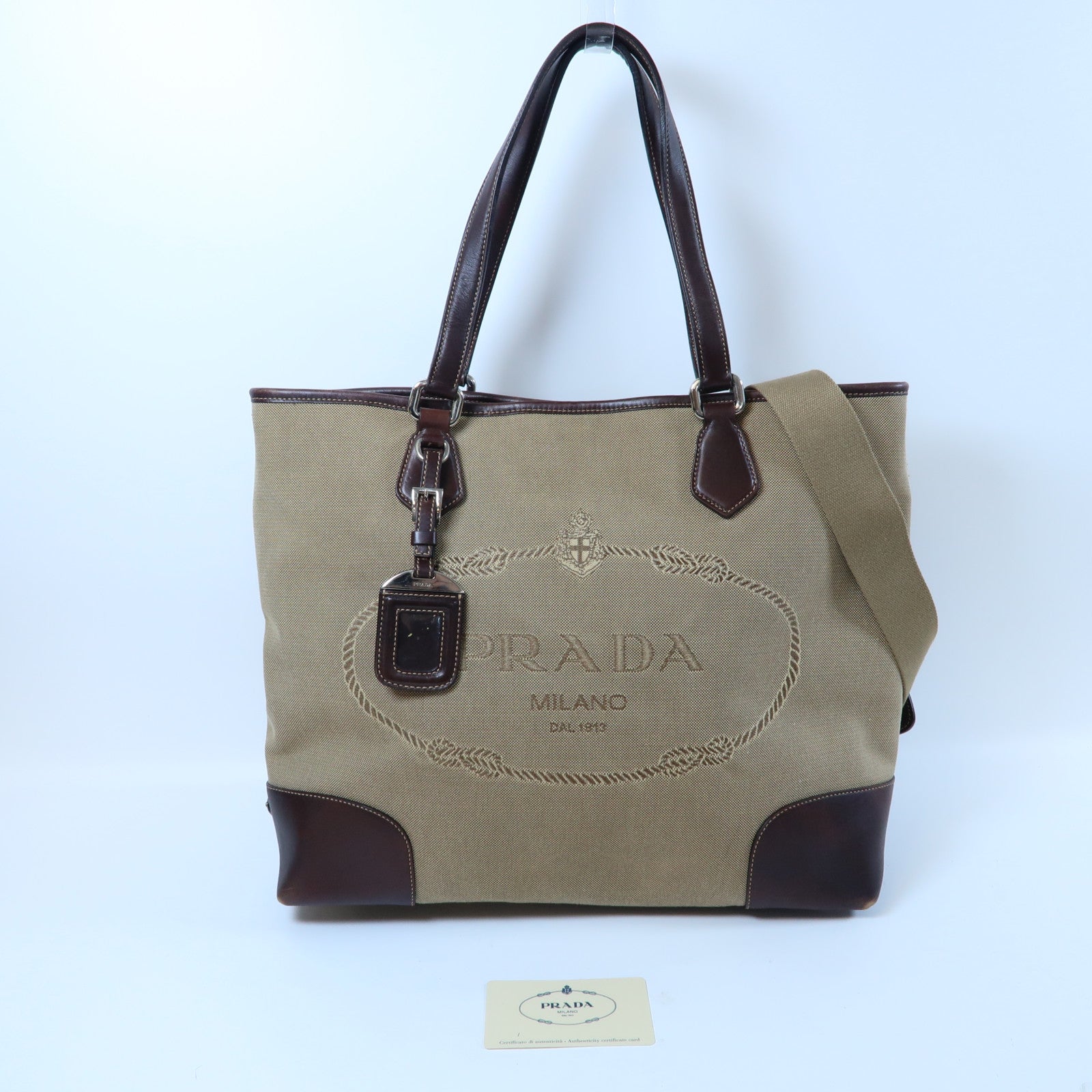 PRADA 帆布Shoulder Bag銀扣手挽肩背兩用袋啡色