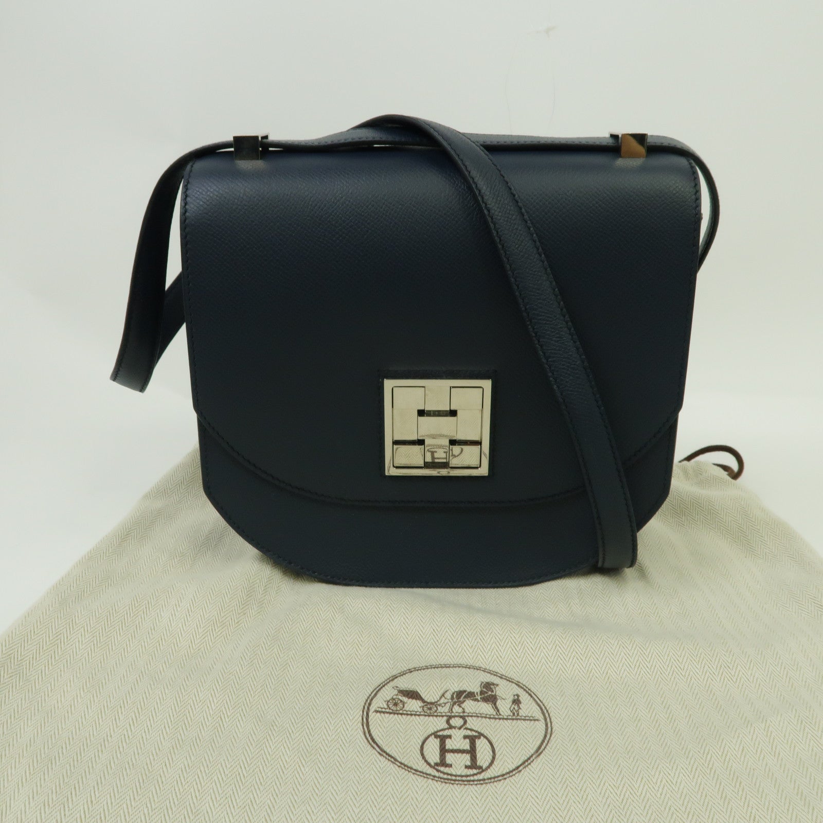 HERMES Epsom皮革Mosaique Au 24銀扣肩背袋靛藍色