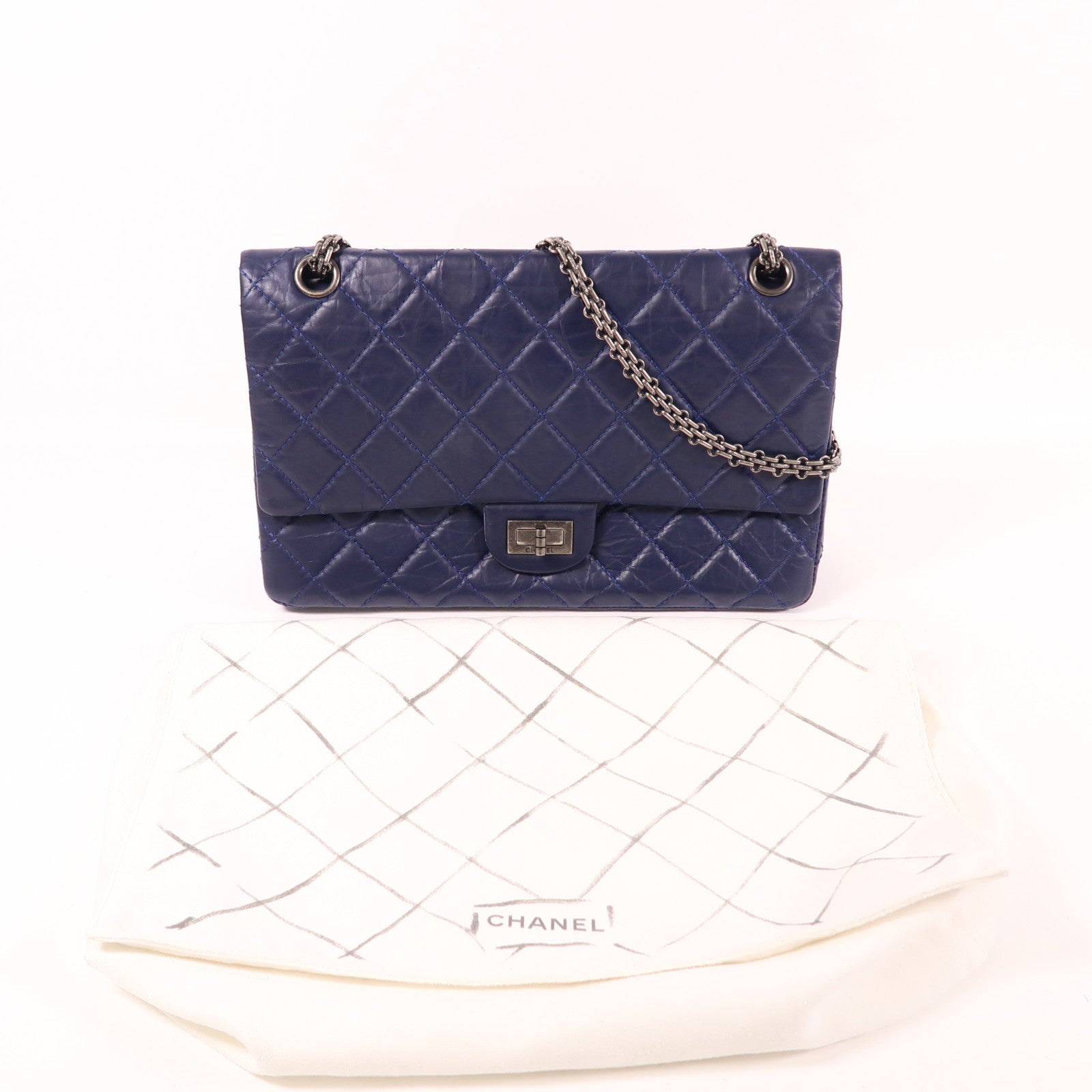 CHANEL CC SHW 2.55 Chain Shoulder Bag Calfskin Leather Navy