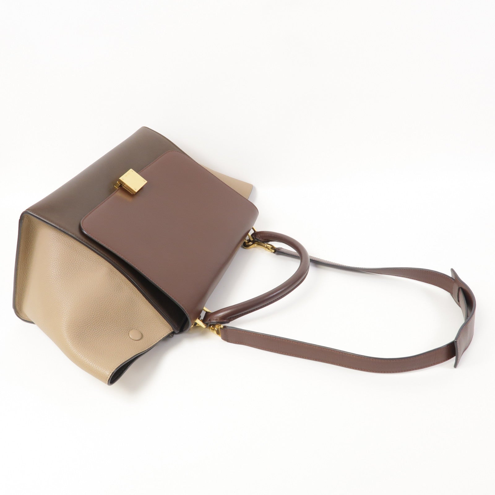CELINE 牛皮皮革Trapeze金扣手挽肩背兩用袋酒紅色/卡其色/啡色