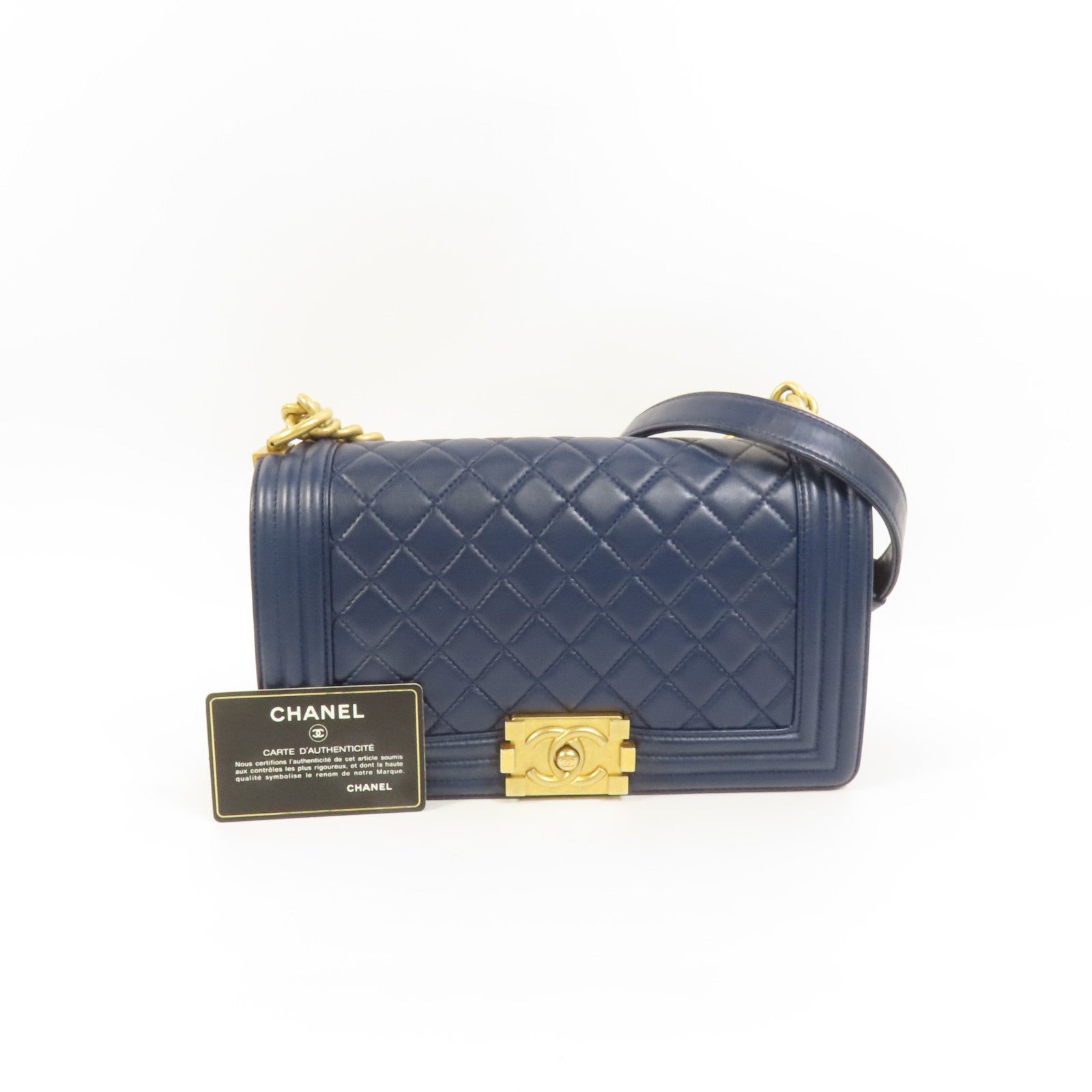 CHANEL 羊皮皮革Boy 25金扣鏈帶肩背袋