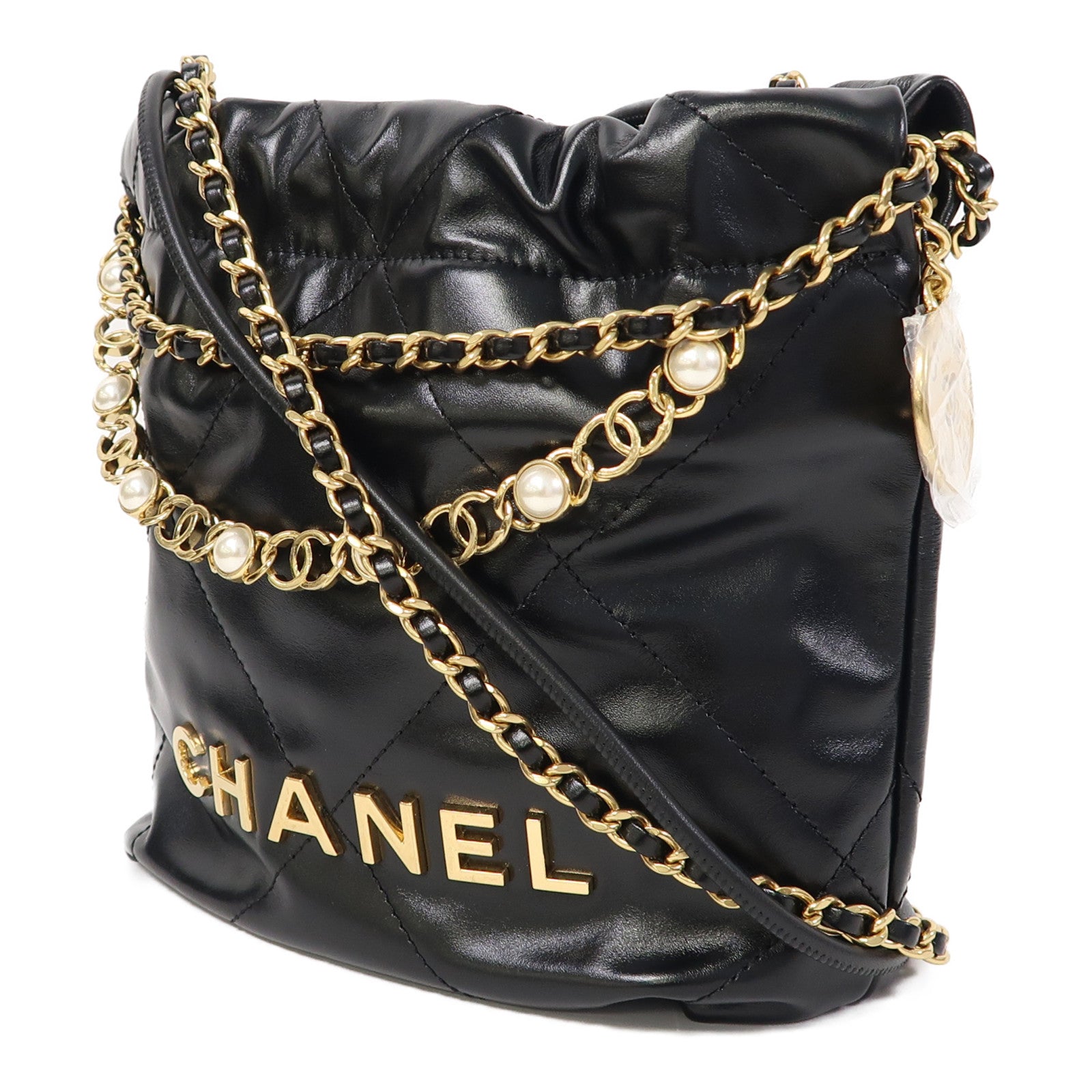 CHANEL 菱格牛皮皮革Mini 22金扣鏈帶肩背袋黑色