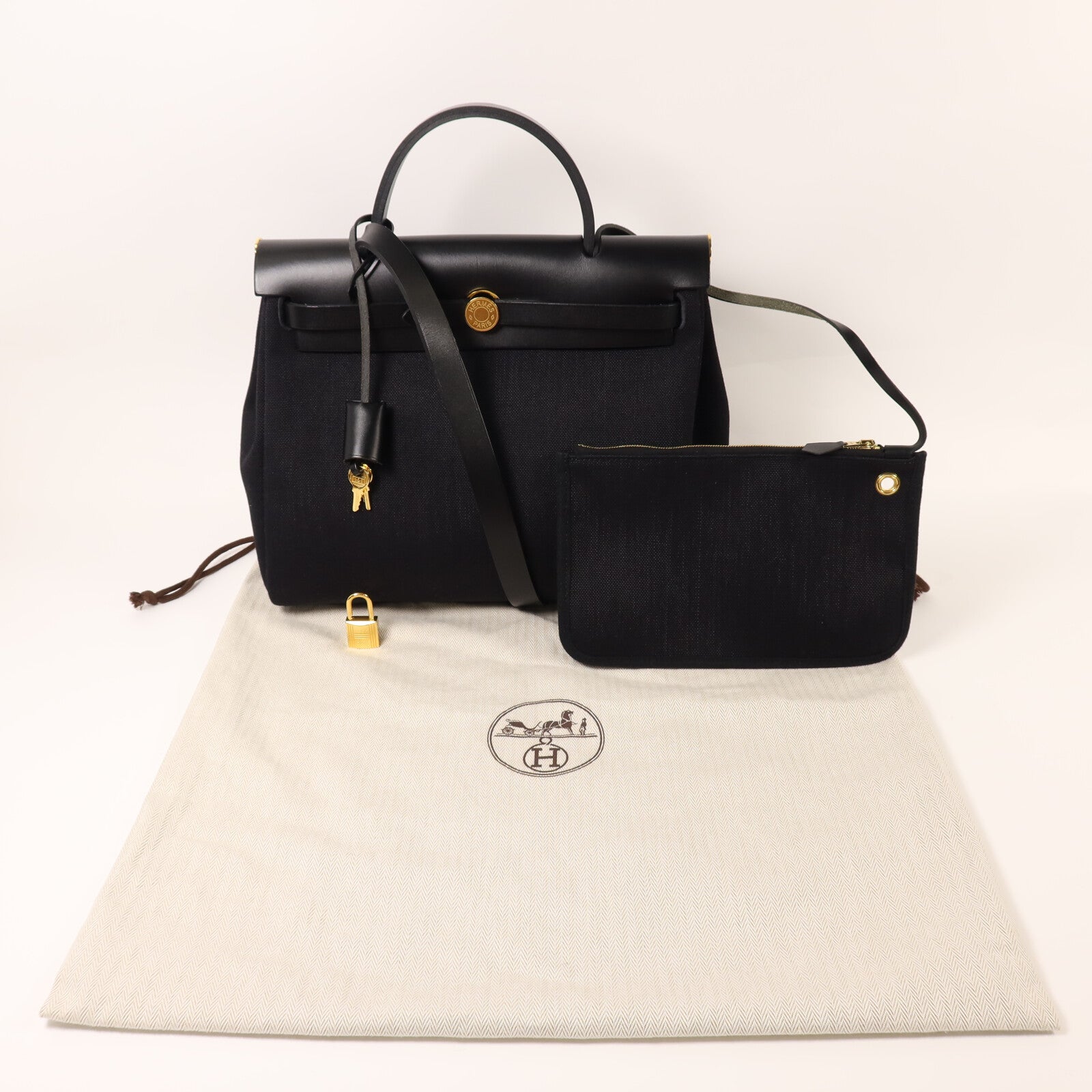 HERMES 帆布Herbag PM金扣手挽肩背兩用袋Noir