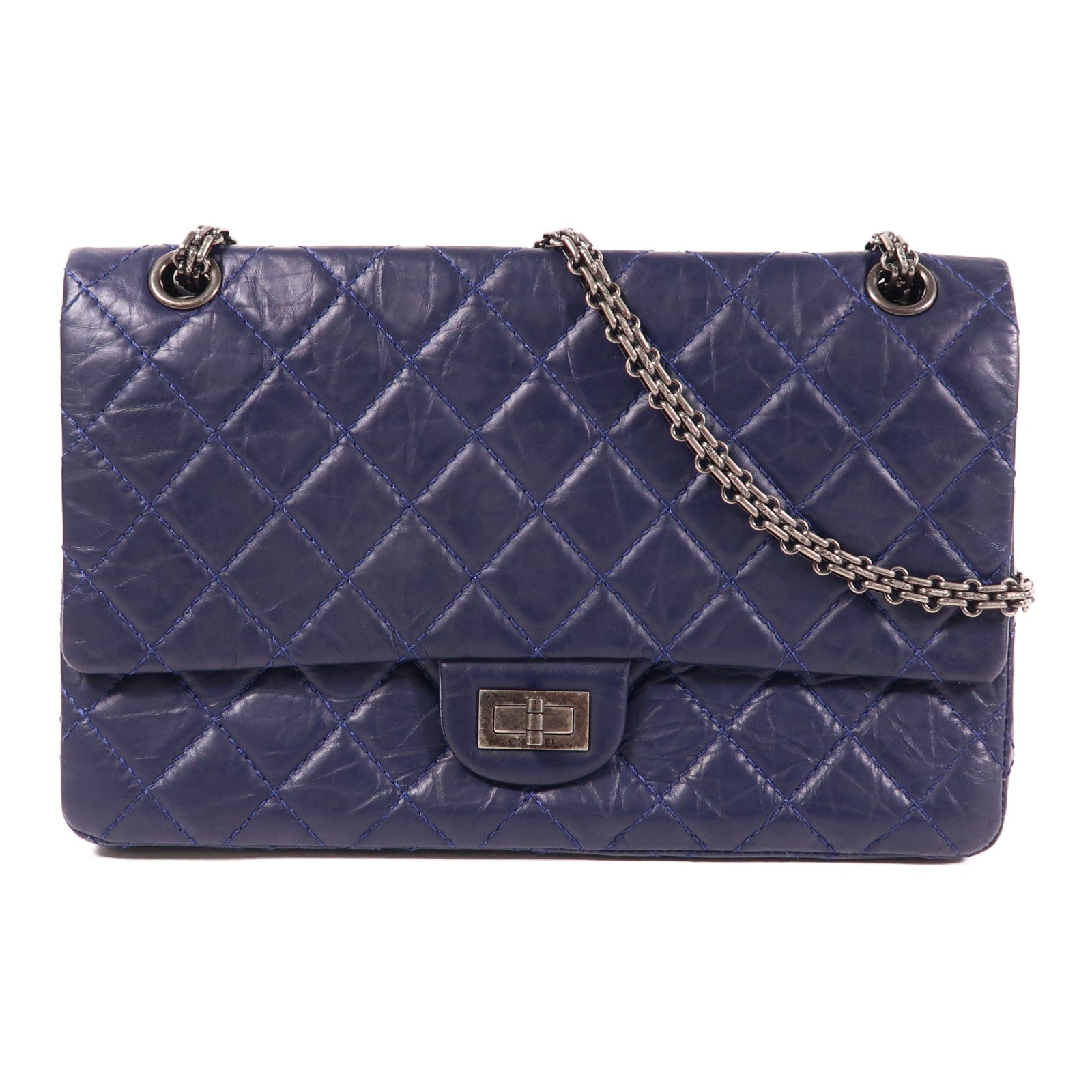 CHANEL CC SHW 2.55 Chain Shoulder Bag Calfskin Leather Navy