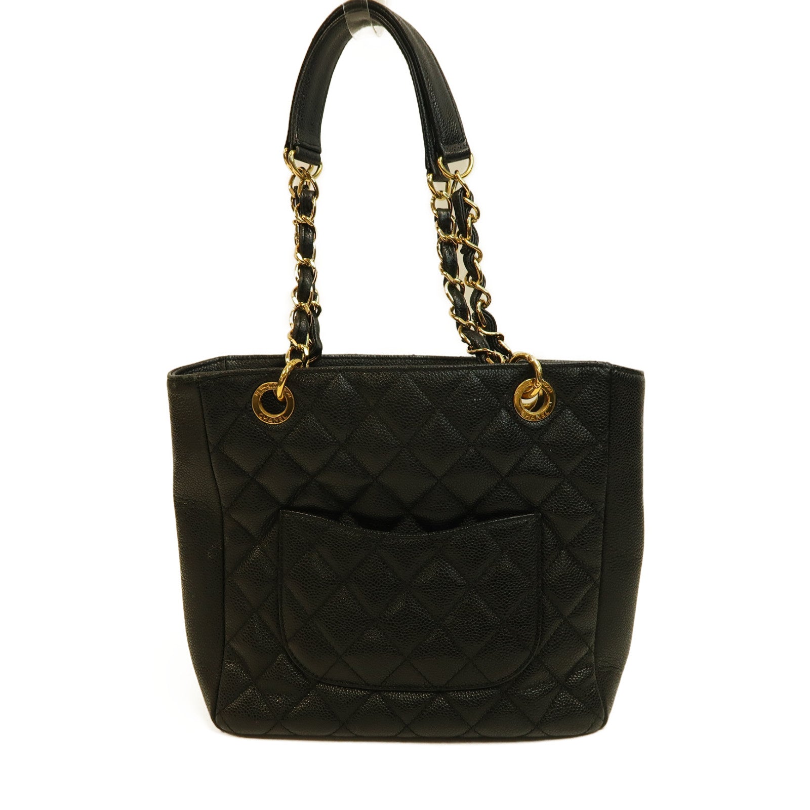 CHANEL 菱格Caviar皮革PST Petite Shopping Tote Bag金扣鏈帶手挽袋黑色
