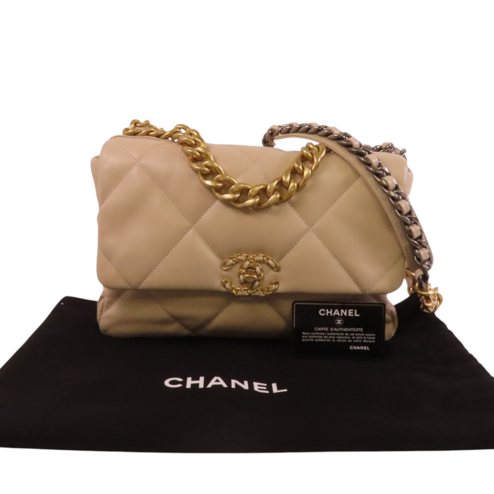 CHANEL 羊皮皮革C19金扣鏈帶手挽肩背兩用袋