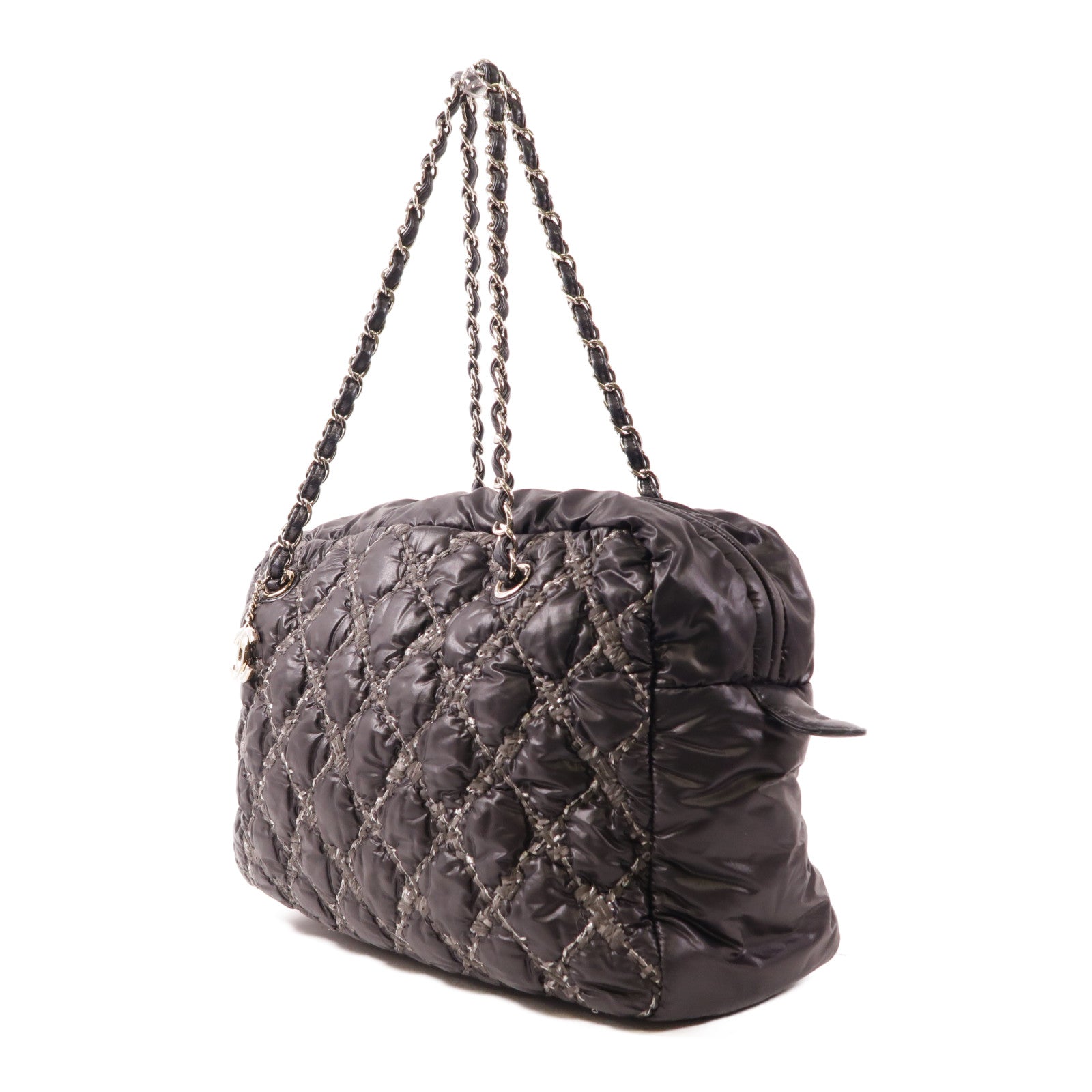 CHANEL 尼龍Chain Shoulder銀扣鏈帶肩背袋