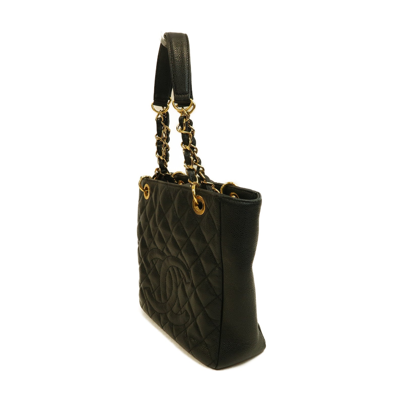 CHANEL 菱格Caviar皮革PST Petite Shopping Tote Bag金扣鏈帶手挽袋黑色