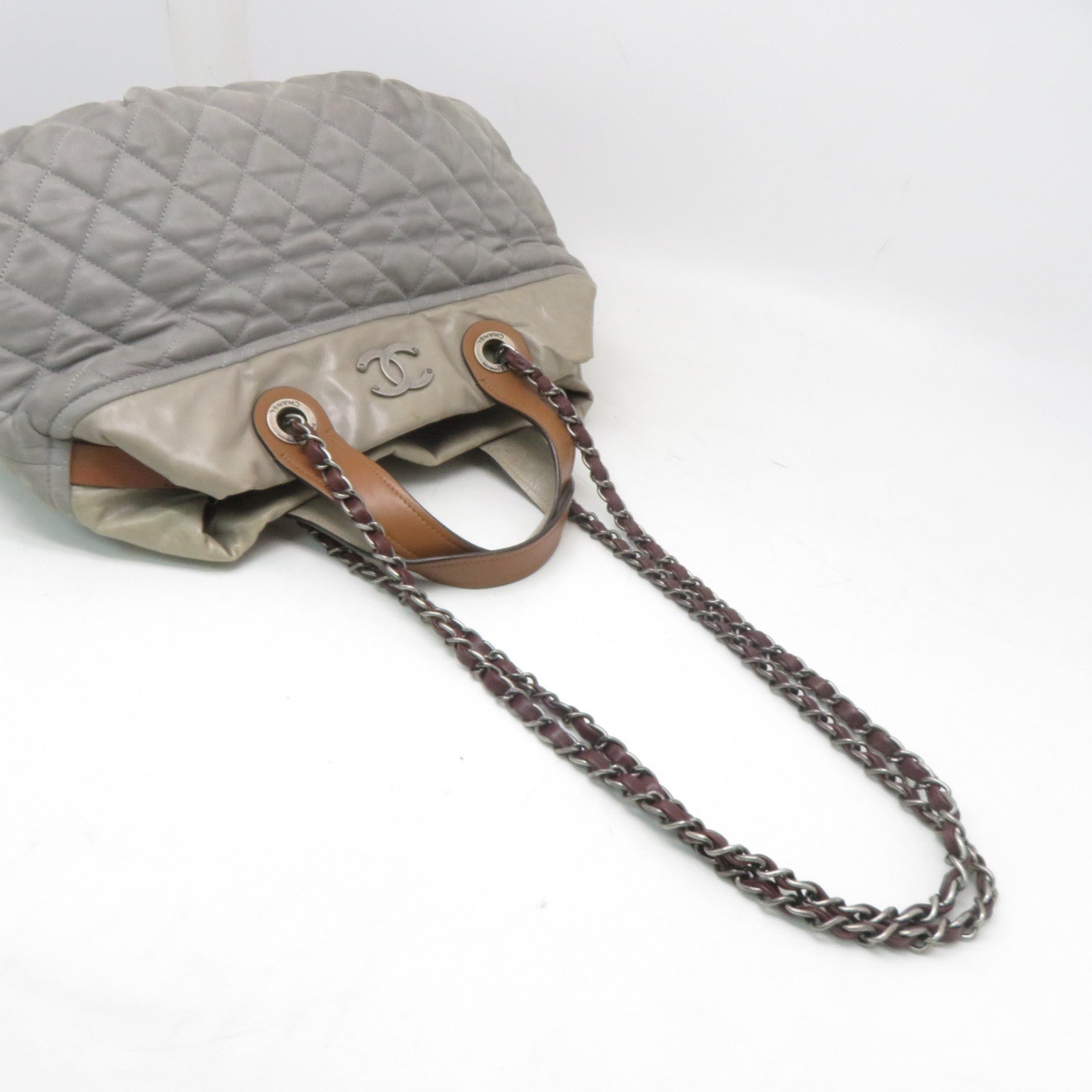 CHANEL 【激減優惠】菱格牛皮皮革Shoulder Tote銀扣手挽袋灰色