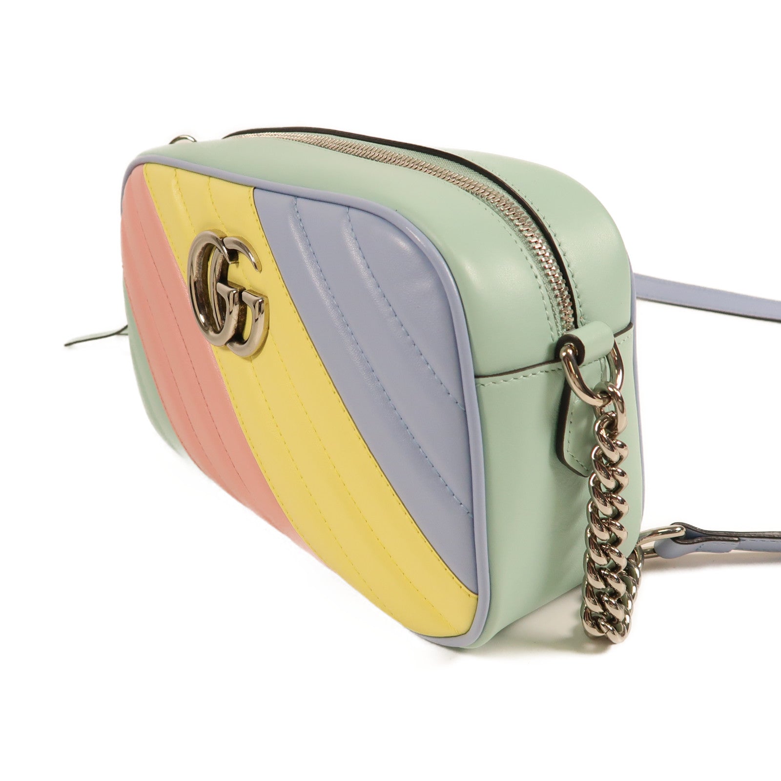 GUCCI 羊皮皮革GG Marmont銀扣鏈帶肩背袋