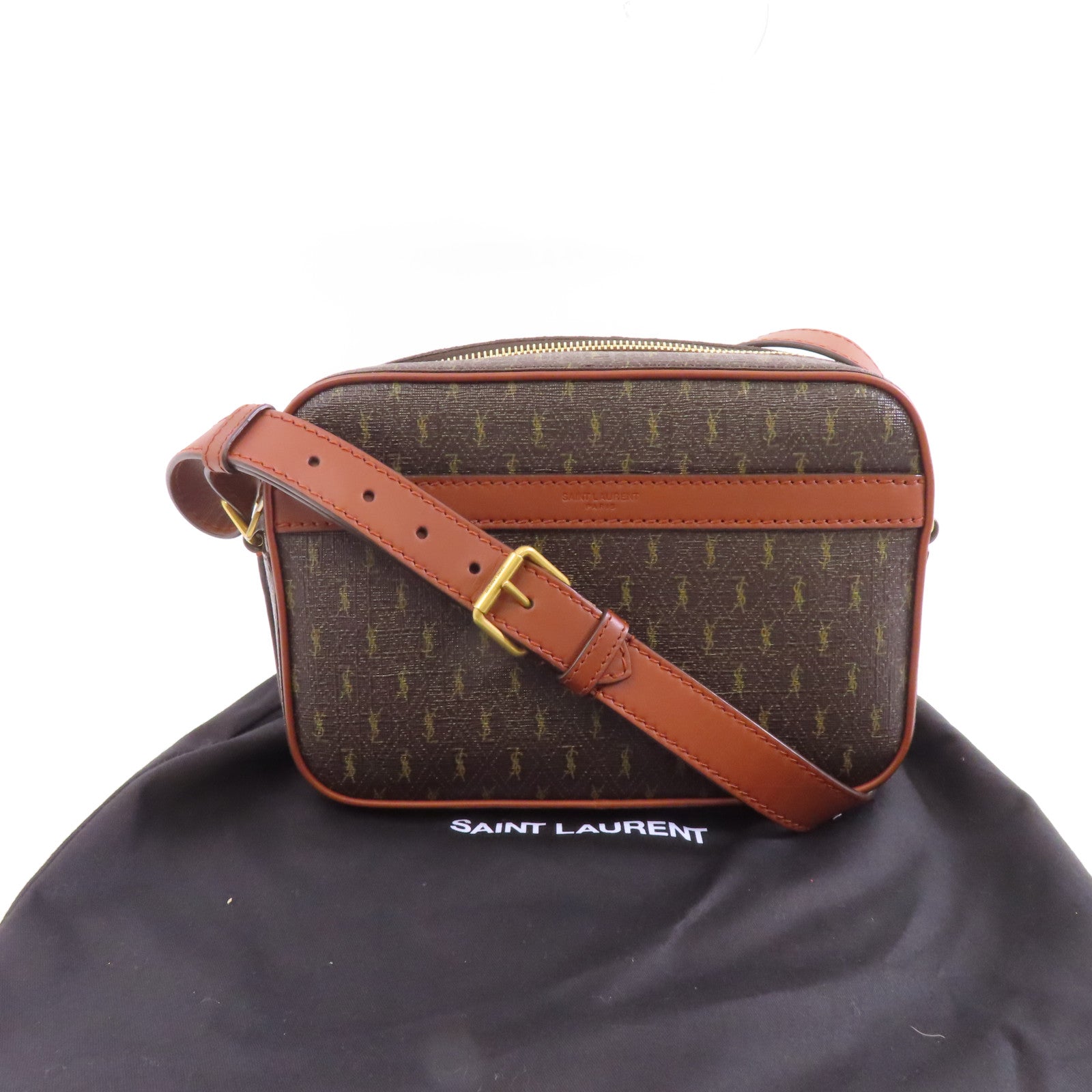 SAINT LAURENT 塗層帆布/皮革Shoulder Bag金扣肩背袋啡色