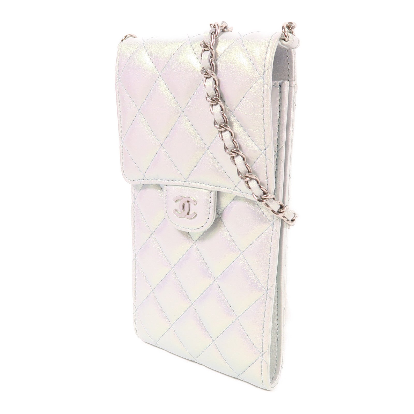 CHANEL 皮革Phone Holder銀扣鏈帶肩背袋