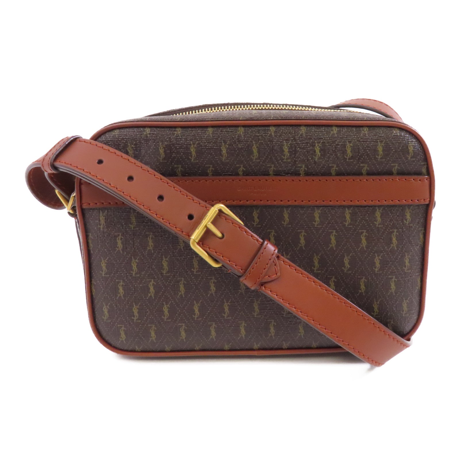 SAINT LAURENT 塗層帆布/皮革Shoulder Bag金扣肩背袋啡色