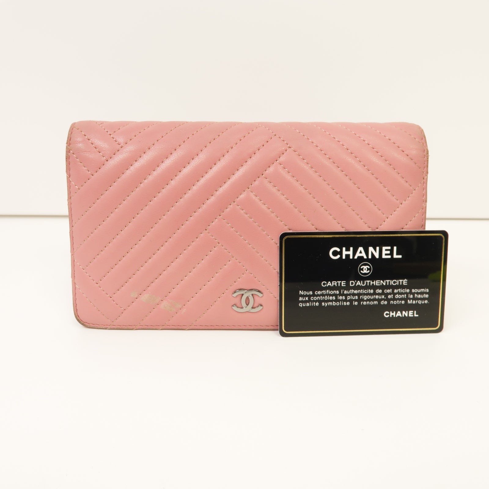 CHANEL 【激減優惠】羊皮皮革Long Wallet銀扣長錢包粉紅色