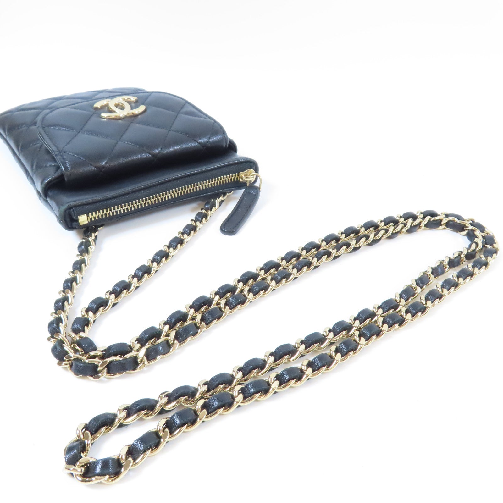 CHANEL 菱格羊皮皮革Phone Bag金扣鏈帶肩背袋黑色