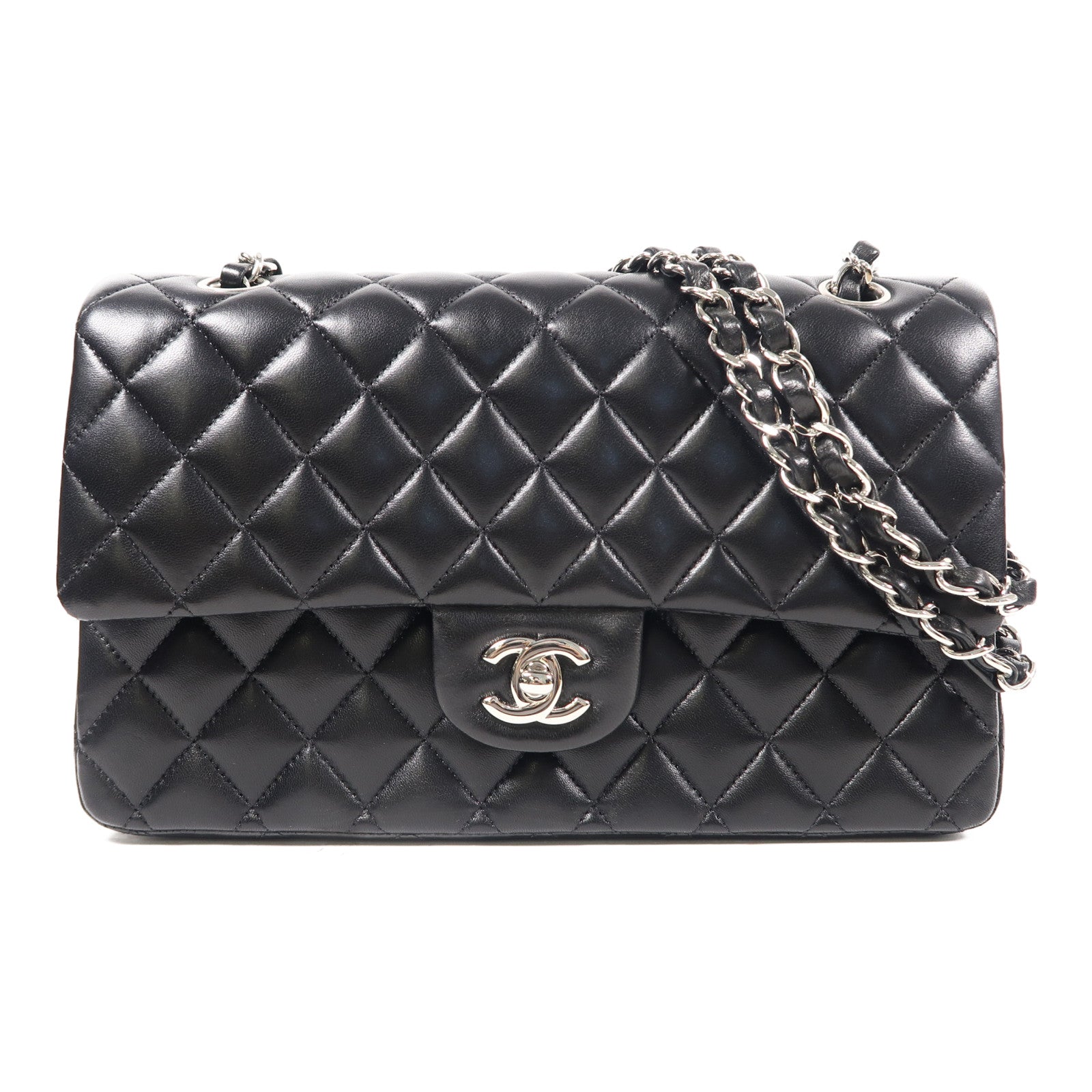CHANEL 菱格羊皮皮革Classic 25cm銀扣鏈帶肩背袋黑色