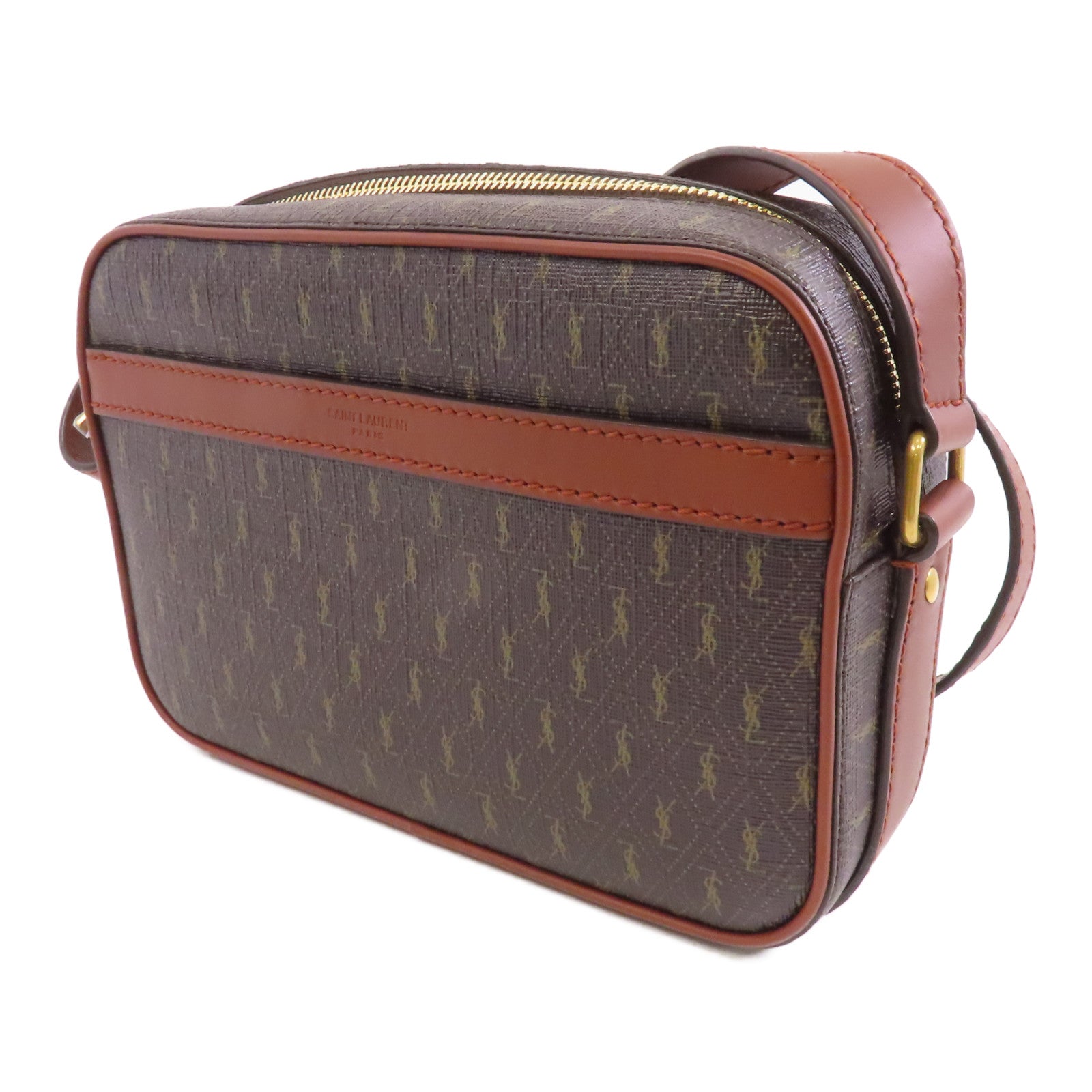 SAINT LAURENT 塗層帆布/皮革Shoulder Bag金扣肩背袋啡色
