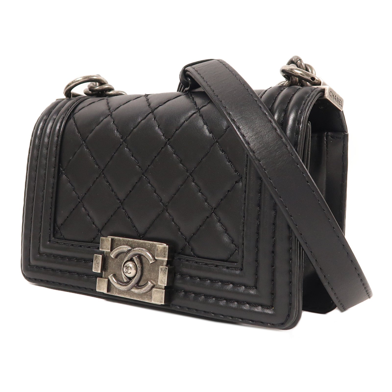CHANEL 皮革Boy 20銀扣鏈帶肩背袋