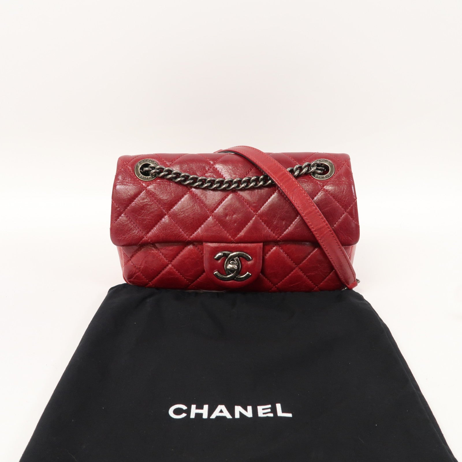 CHANEL 菱格牛皮皮革Chain Shoulder銀扣鏈帶肩背袋紅色