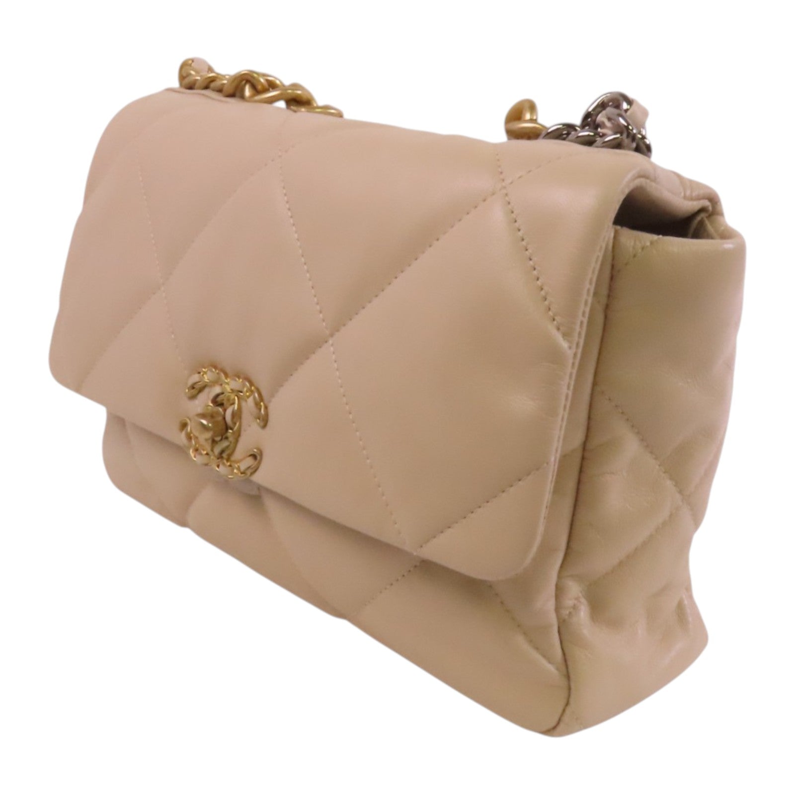 CHANEL 羊皮皮革C19金扣鏈帶手挽肩背兩用袋