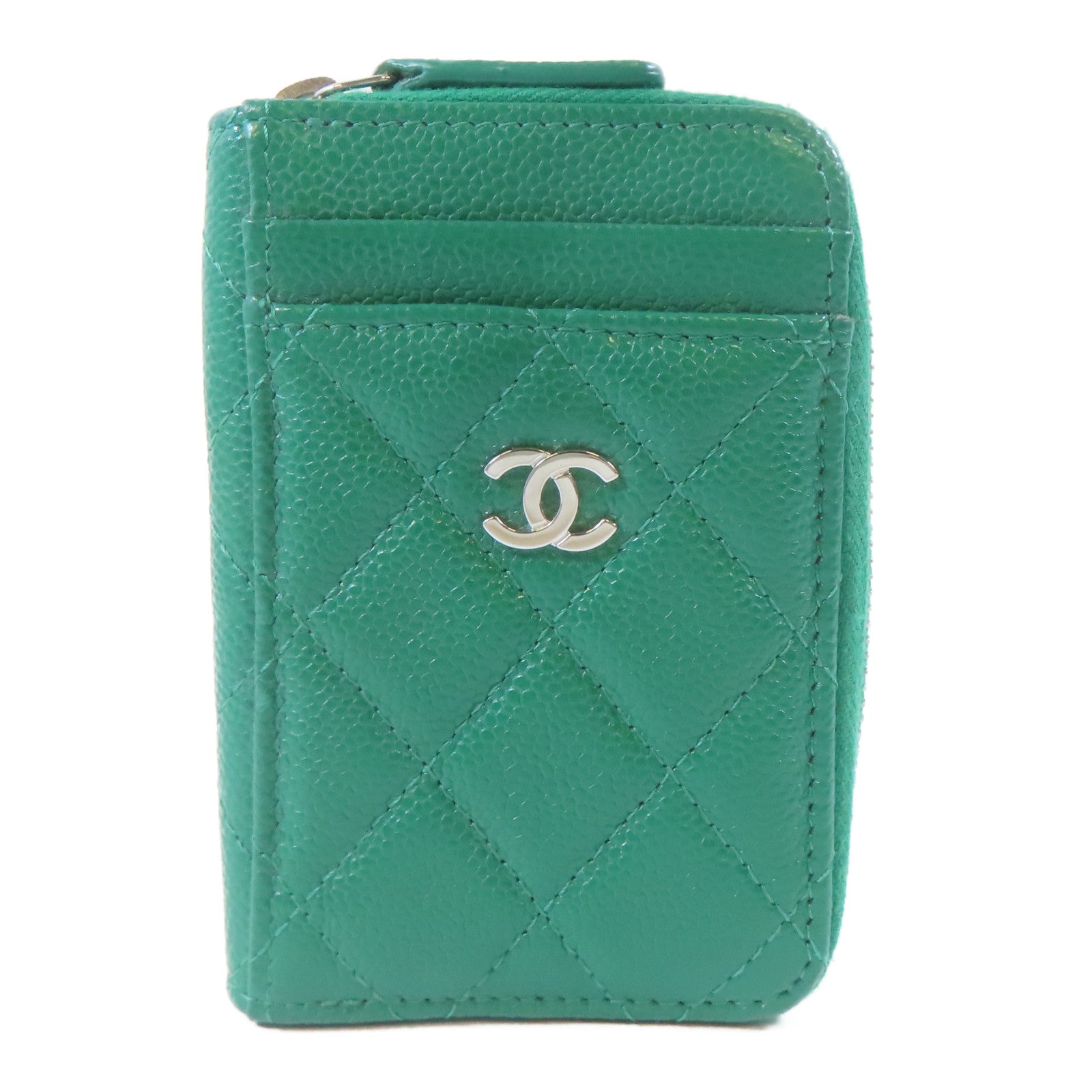 CHANEL 菱格牛皮皮革Card Case銀扣卡片套綠色