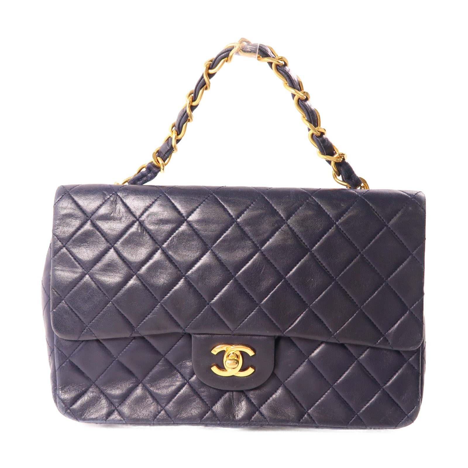 CHANEL 羊皮皮革Handbag金扣手挽袋深藍色