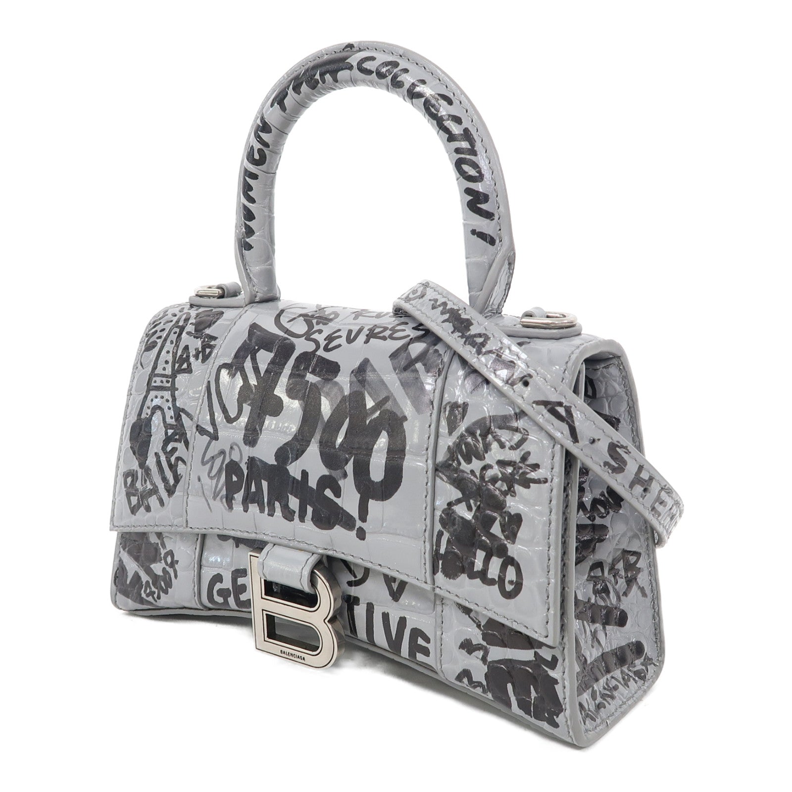 BALENCIAGA 牛皮皮革Shoulder Bag銀扣手挽肩背兩用袋灰色