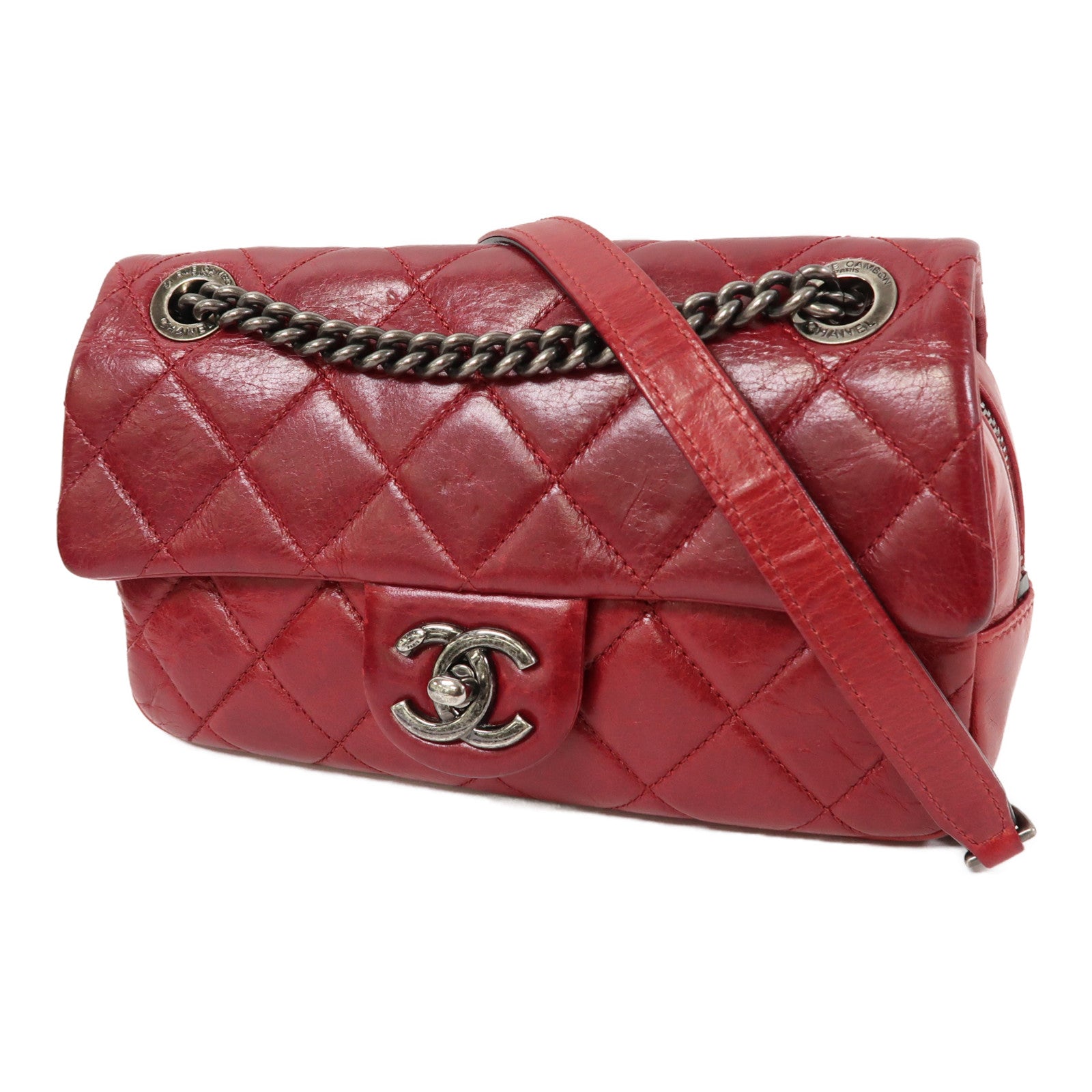 CHANEL 菱格牛皮皮革Chain Shoulder銀扣鏈帶肩背袋紅色