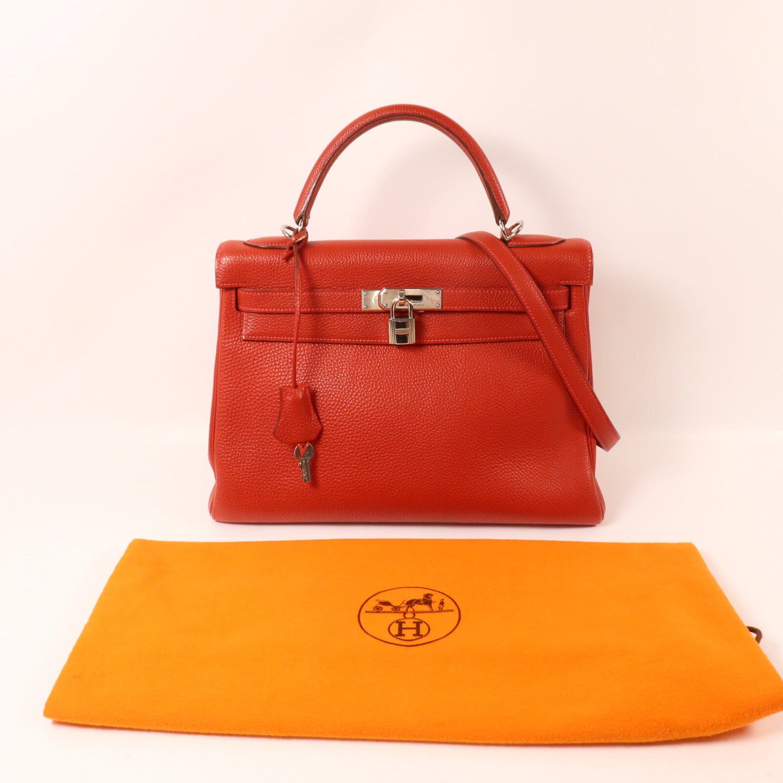 HERMES Clemence皮革Kelly 32手挽肩背兩用袋Rouge H