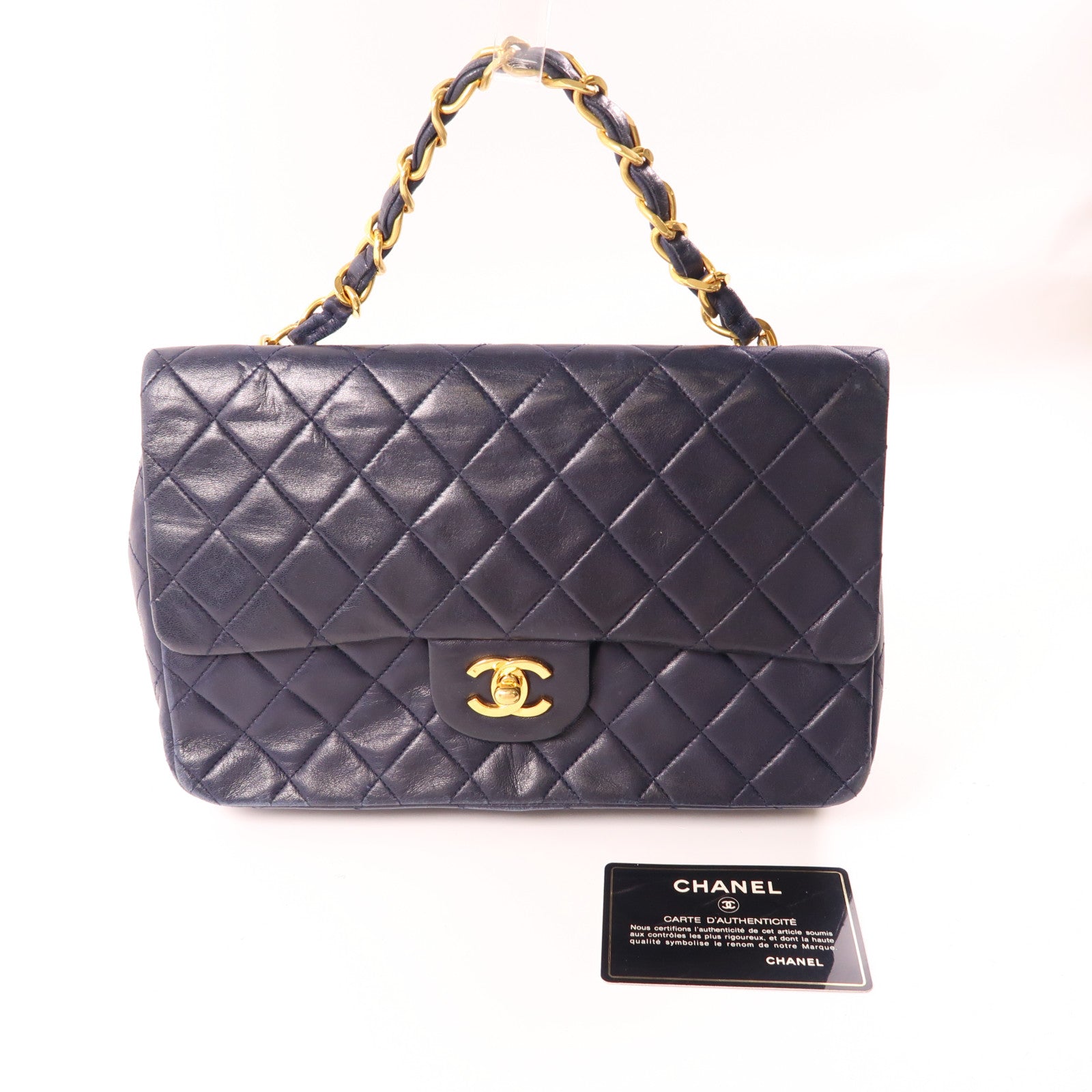 CHANEL 羊皮皮革Handbag金扣手挽袋深藍色