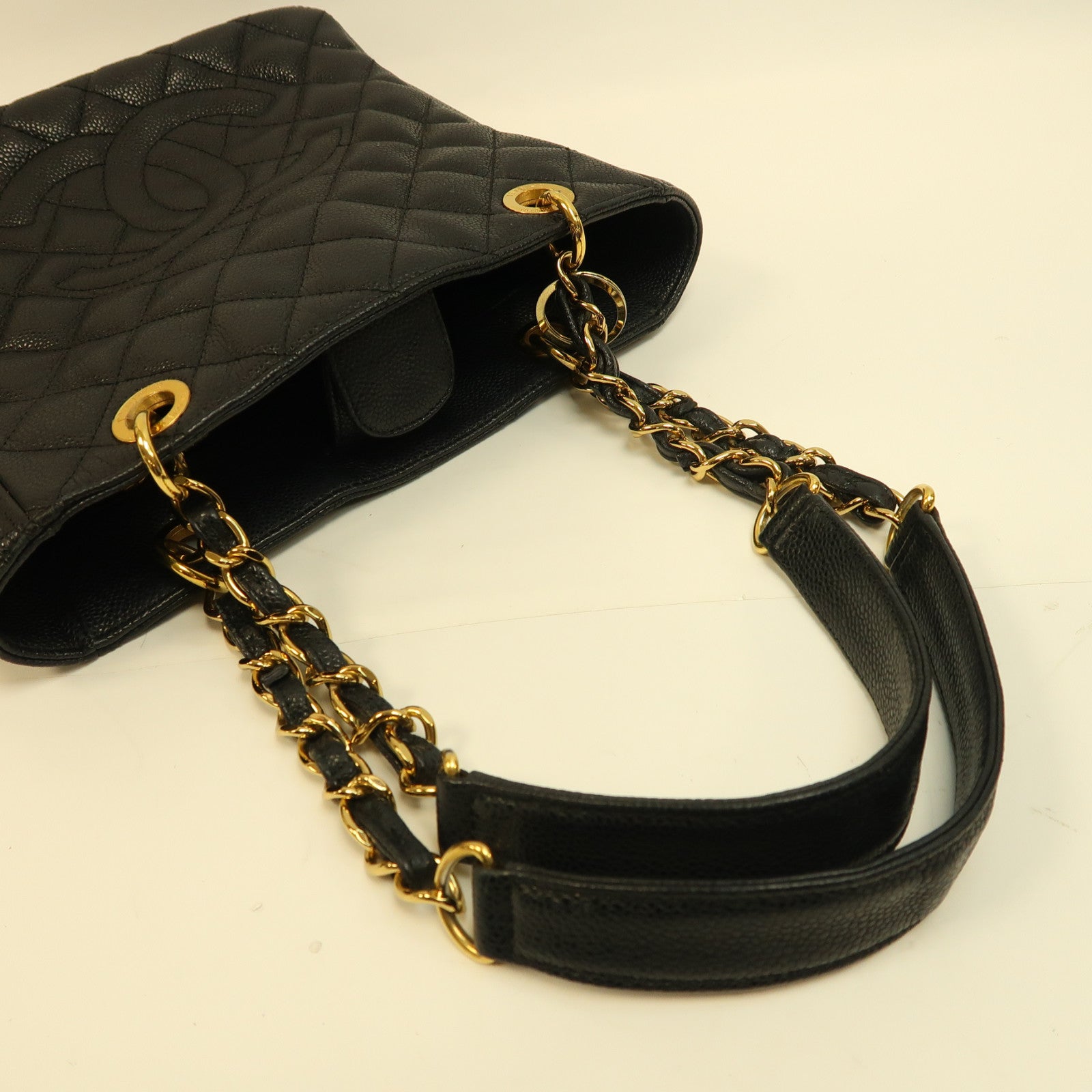 CHANEL 菱格Caviar皮革PST Petite Shopping Tote Bag金扣鏈帶手挽袋黑色
