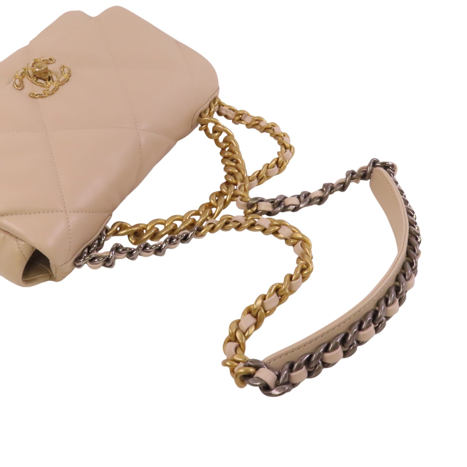 CHANEL 羊皮皮革C19金扣鏈帶手挽肩背兩用袋