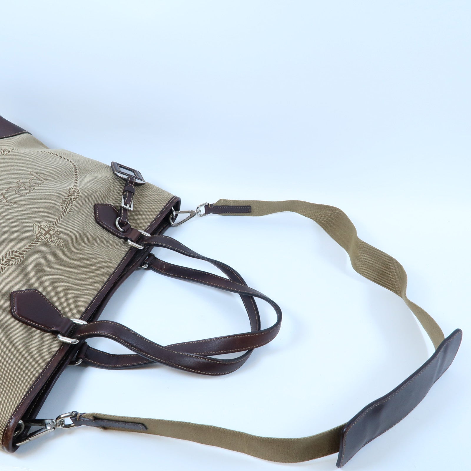 PRADA 帆布Shoulder Bag銀扣手挽肩背兩用袋啡色