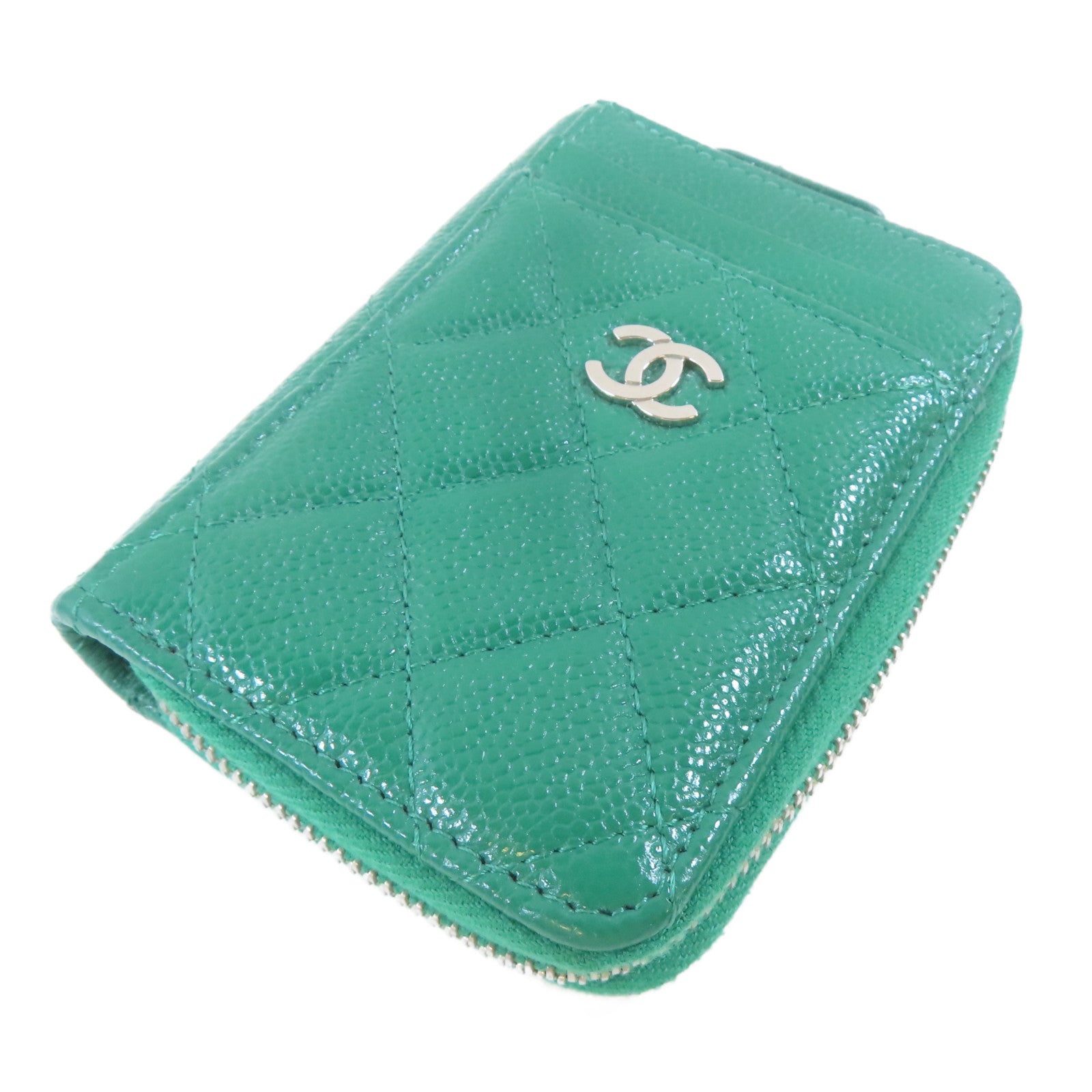 CHANEL 菱格牛皮皮革Card Case銀扣卡片套綠色