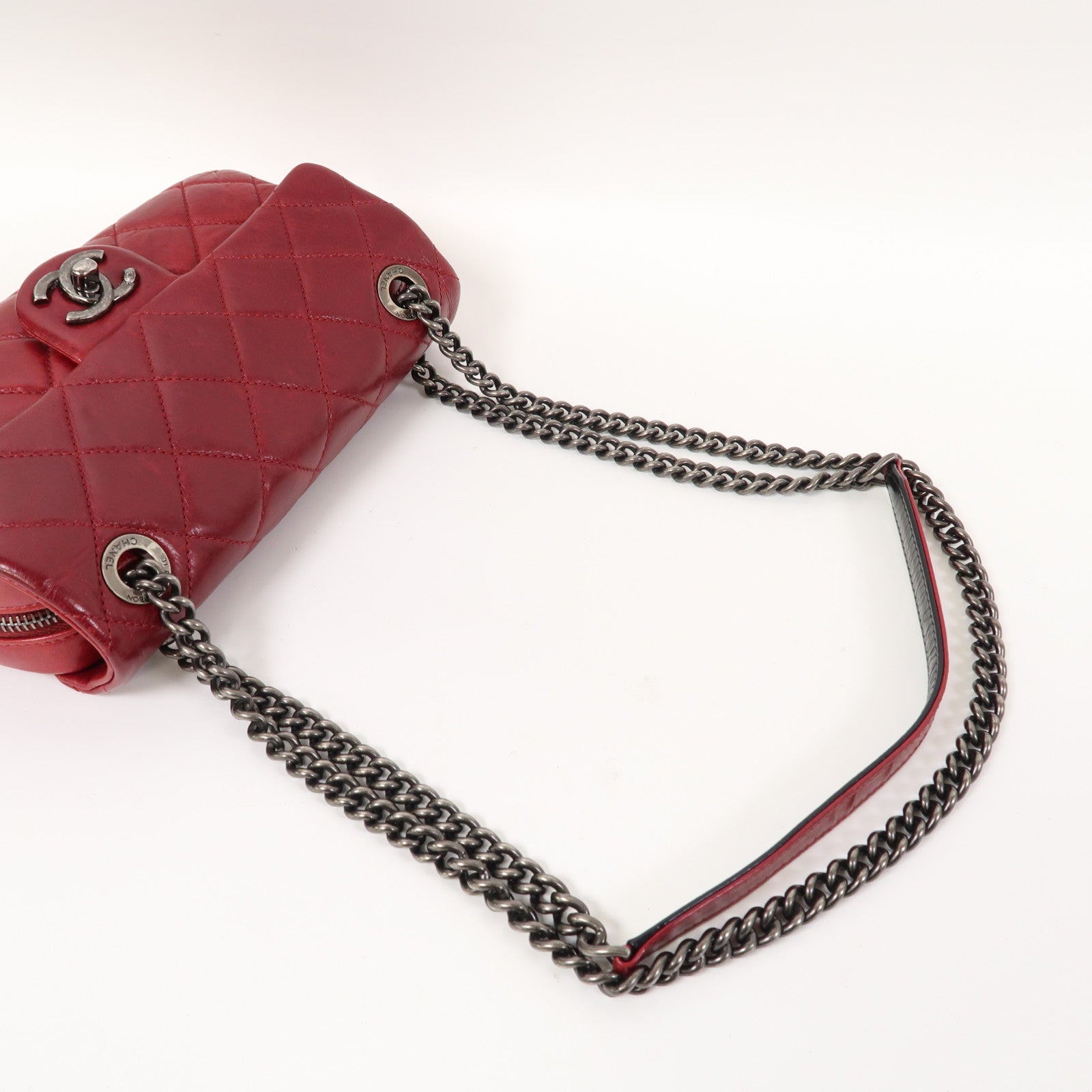 CHANEL 菱格牛皮皮革Chain Shoulder銀扣鏈帶肩背袋紅色