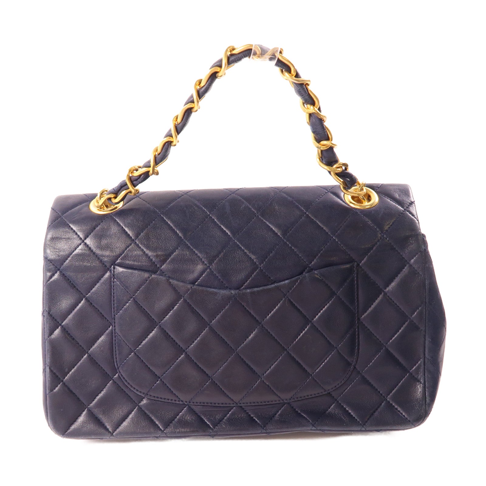 CHANEL 羊皮皮革Handbag金扣手挽袋深藍色