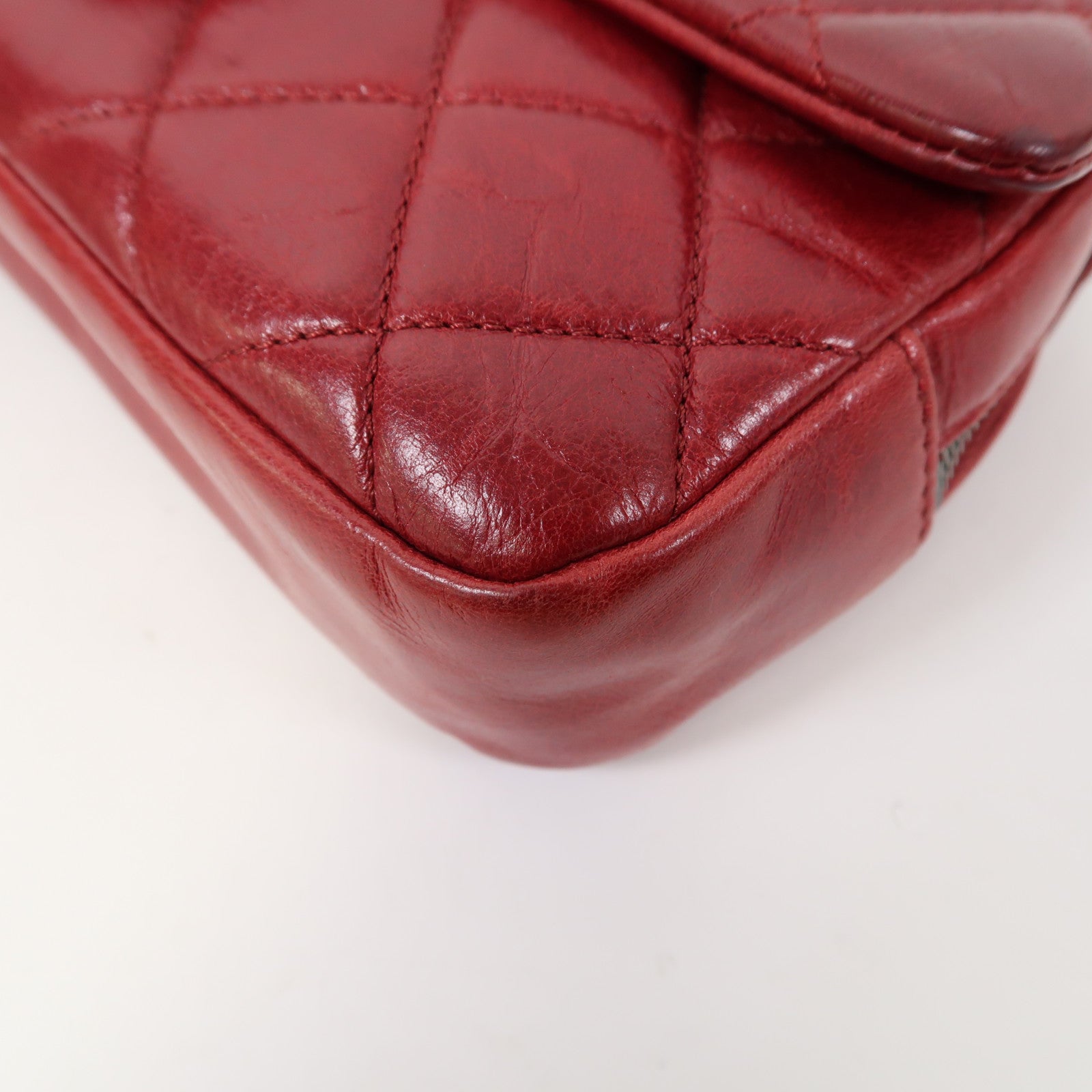 CHANEL 菱格牛皮皮革Chain Shoulder銀扣鏈帶肩背袋紅色