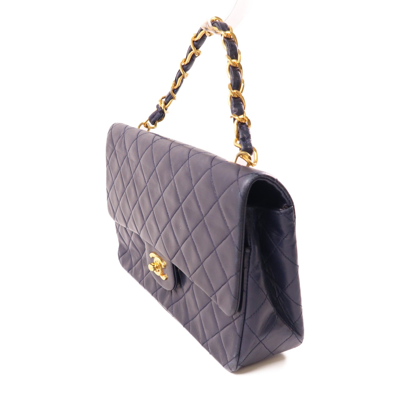 CHANEL 羊皮皮革Handbag金扣手挽袋深藍色