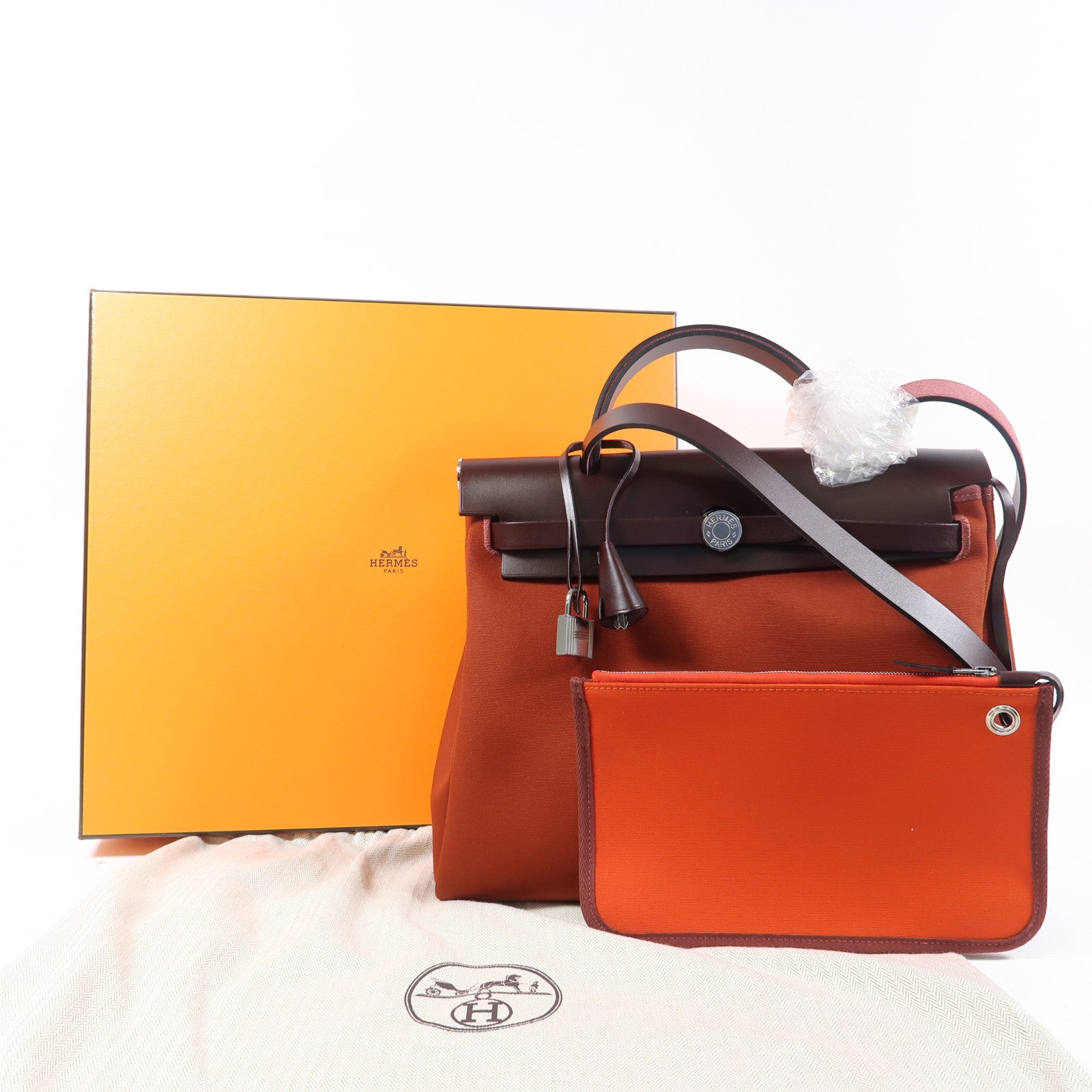 HERMES 【激減優惠】帆布/皮革Herbag PM銀扣手挽肩背兩用袋紅色/啡色
