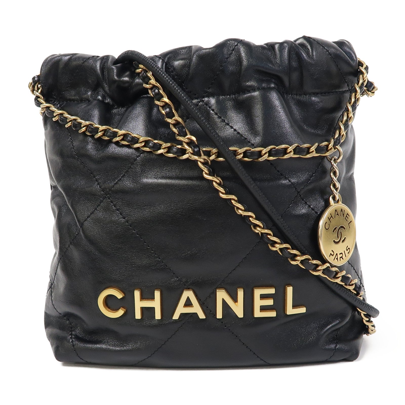 CHANEL 菱格牛皮皮革Mini 22鏈帶肩背袋黑色