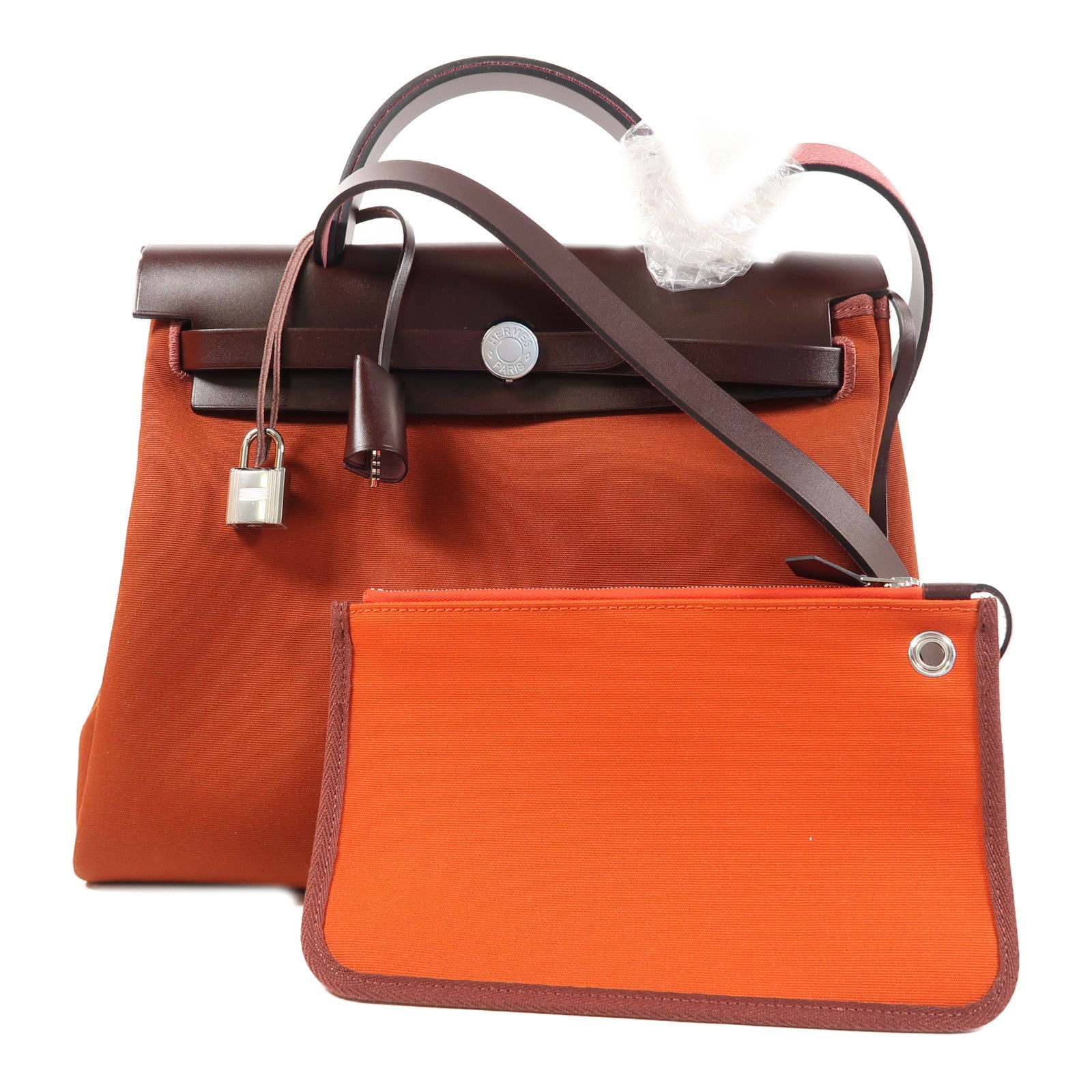HERMES 【激減優惠】帆布/皮革Herbag PM銀扣手挽肩背兩用袋紅色/啡色