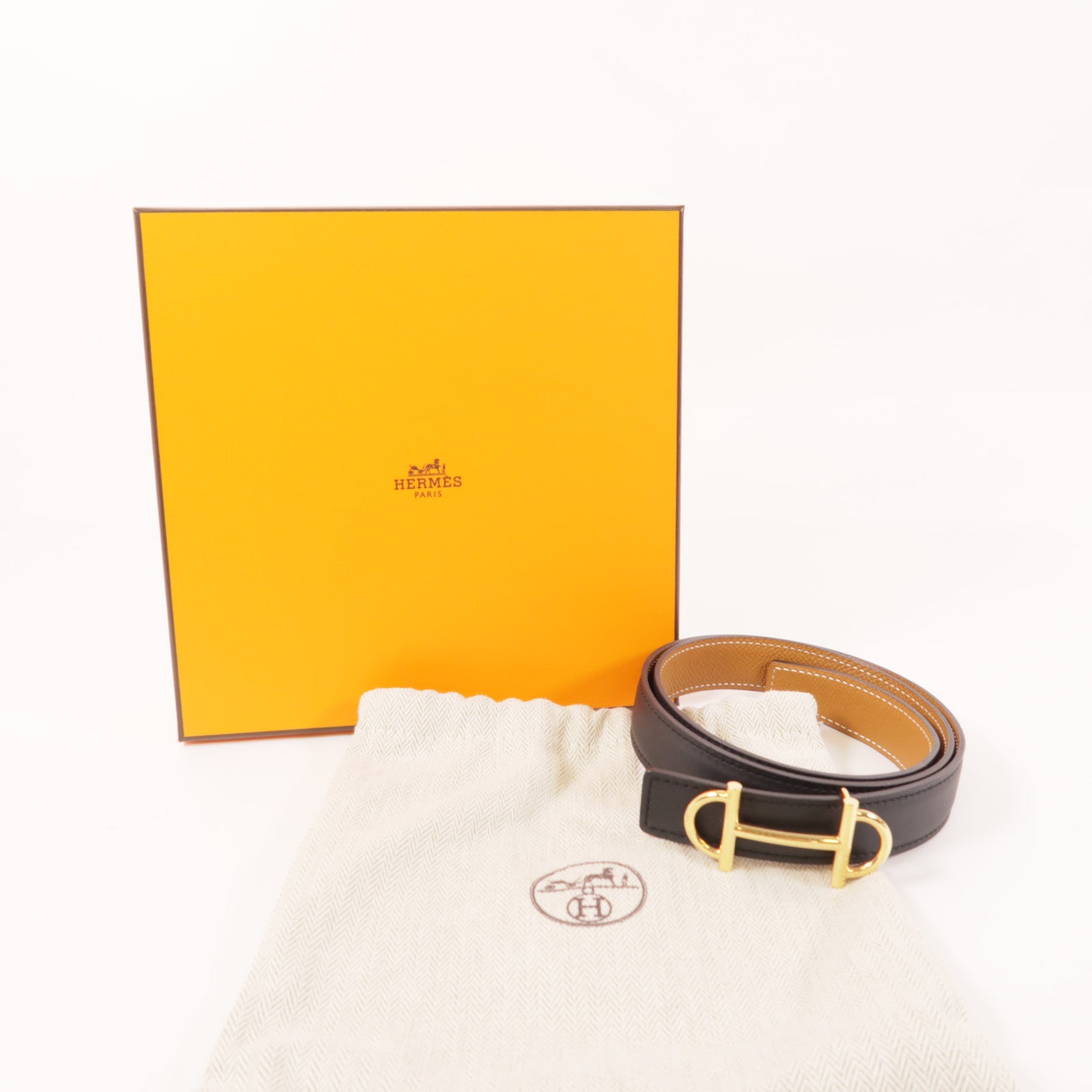 HERMES 【激減優惠】Epsom/Swift皮革Surmer Reversible金扣皮帶Noir/Gold