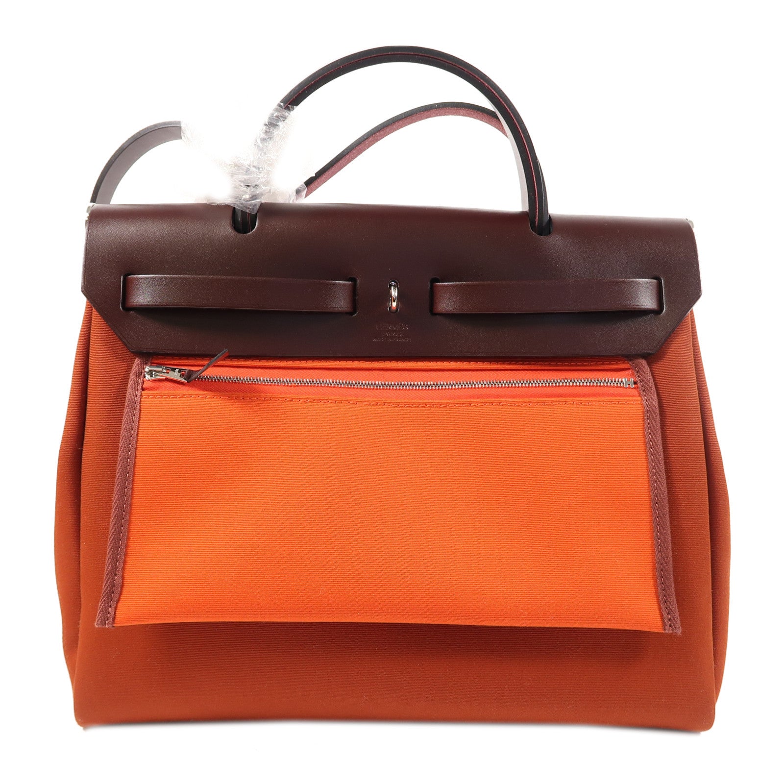 HERMES 【激減優惠】帆布/皮革Herbag PM銀扣手挽肩背兩用袋紅色/啡色