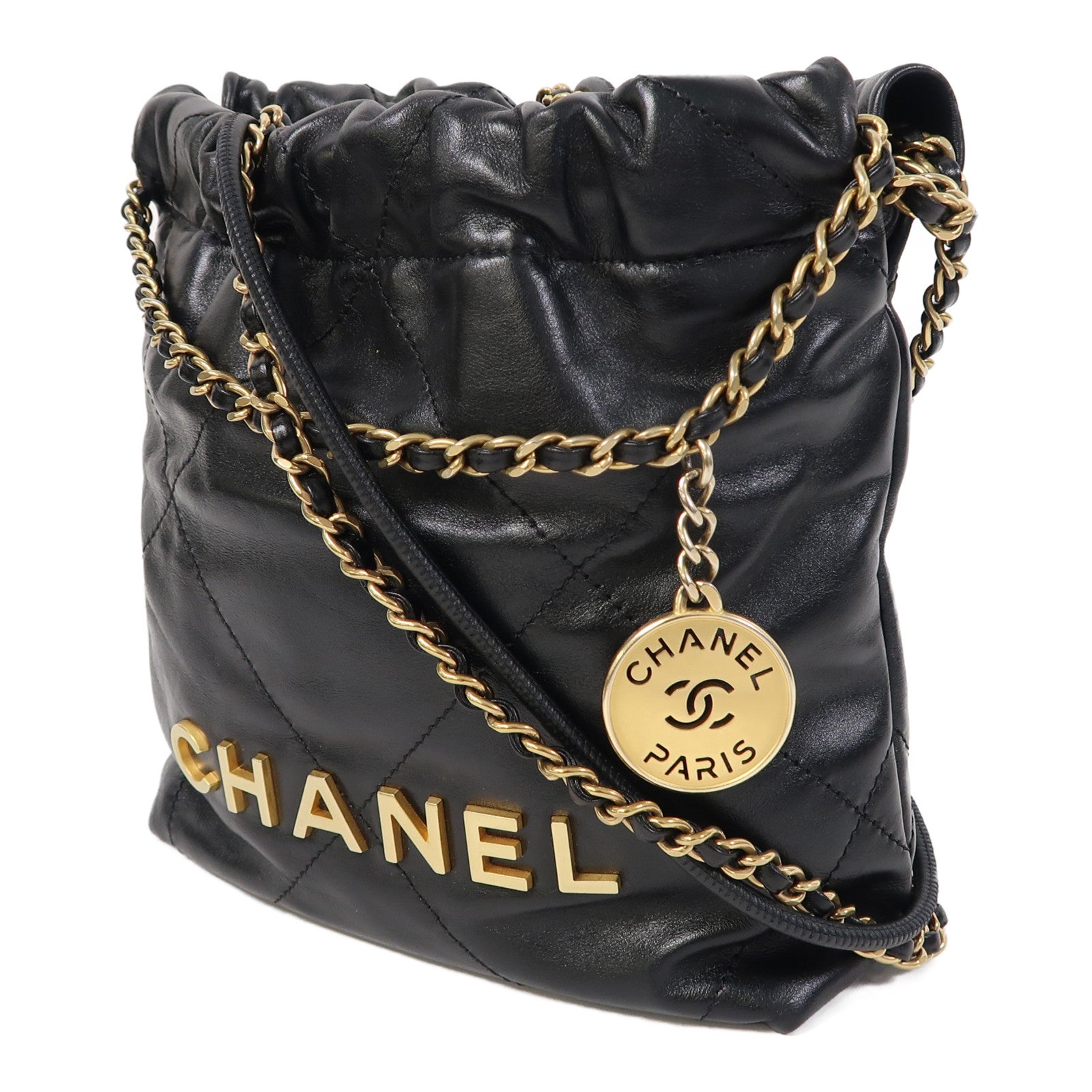 CHANEL 菱格牛皮皮革Mini 22鏈帶肩背袋黑色