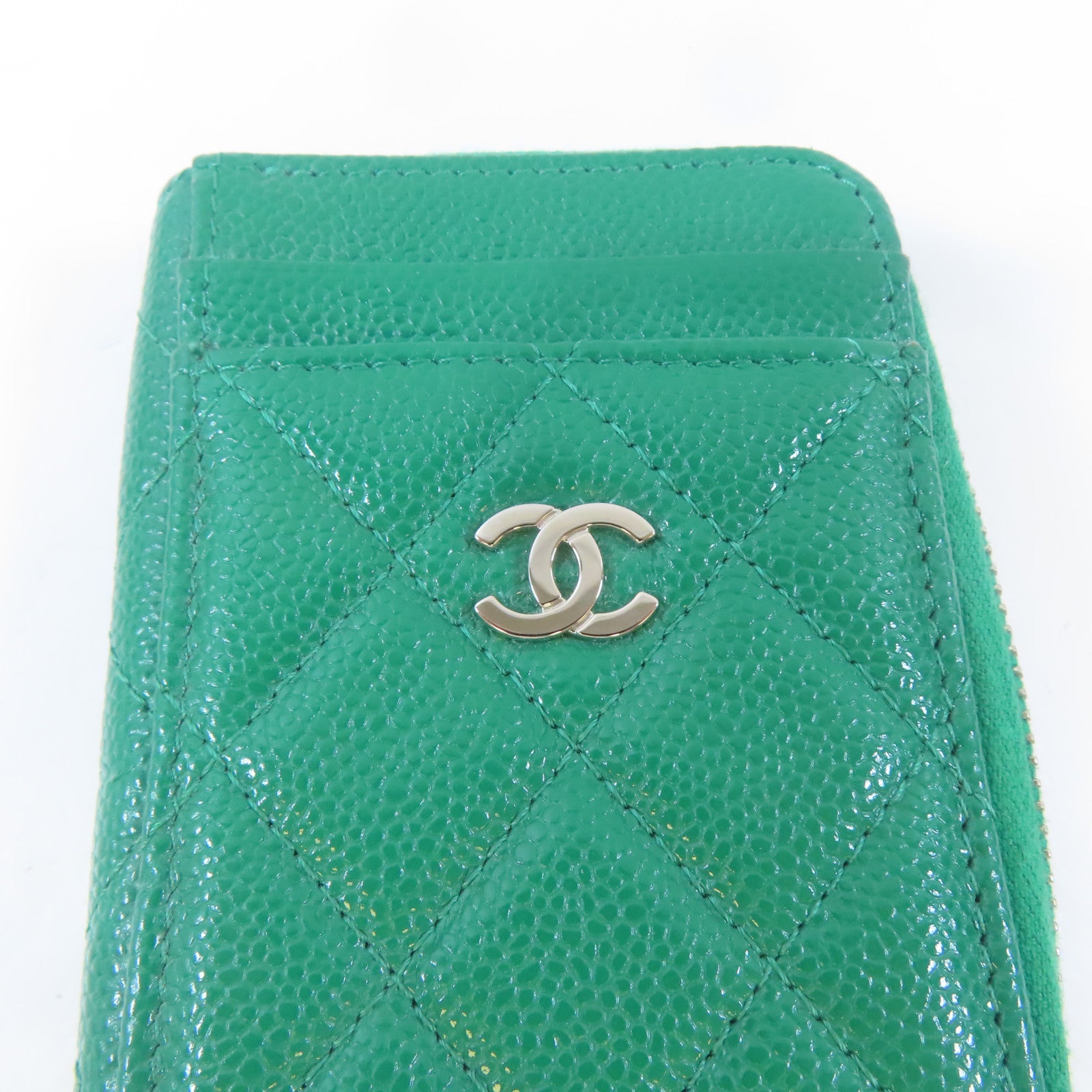 CHANEL 菱格牛皮皮革Card Case銀扣卡片套綠色