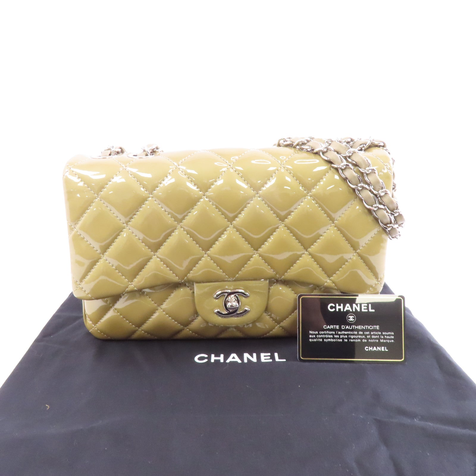 CHANEL 菱格漆皮皮革Chain Shoulder Bag銀扣鏈帶肩背袋米色