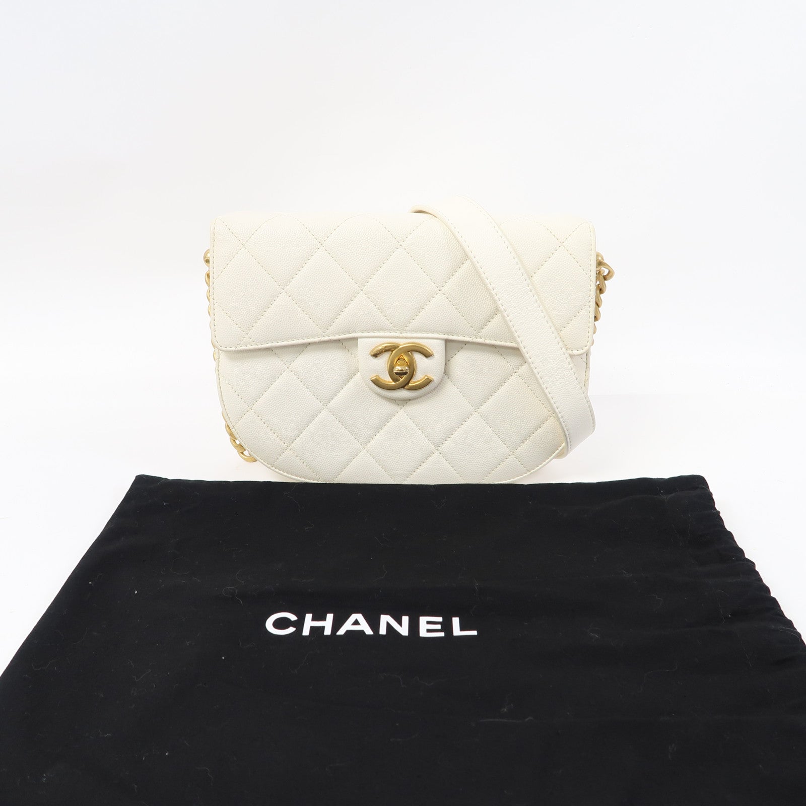 CHANEL Caviar皮革Chain Shoulder金扣鏈帶肩背袋白色