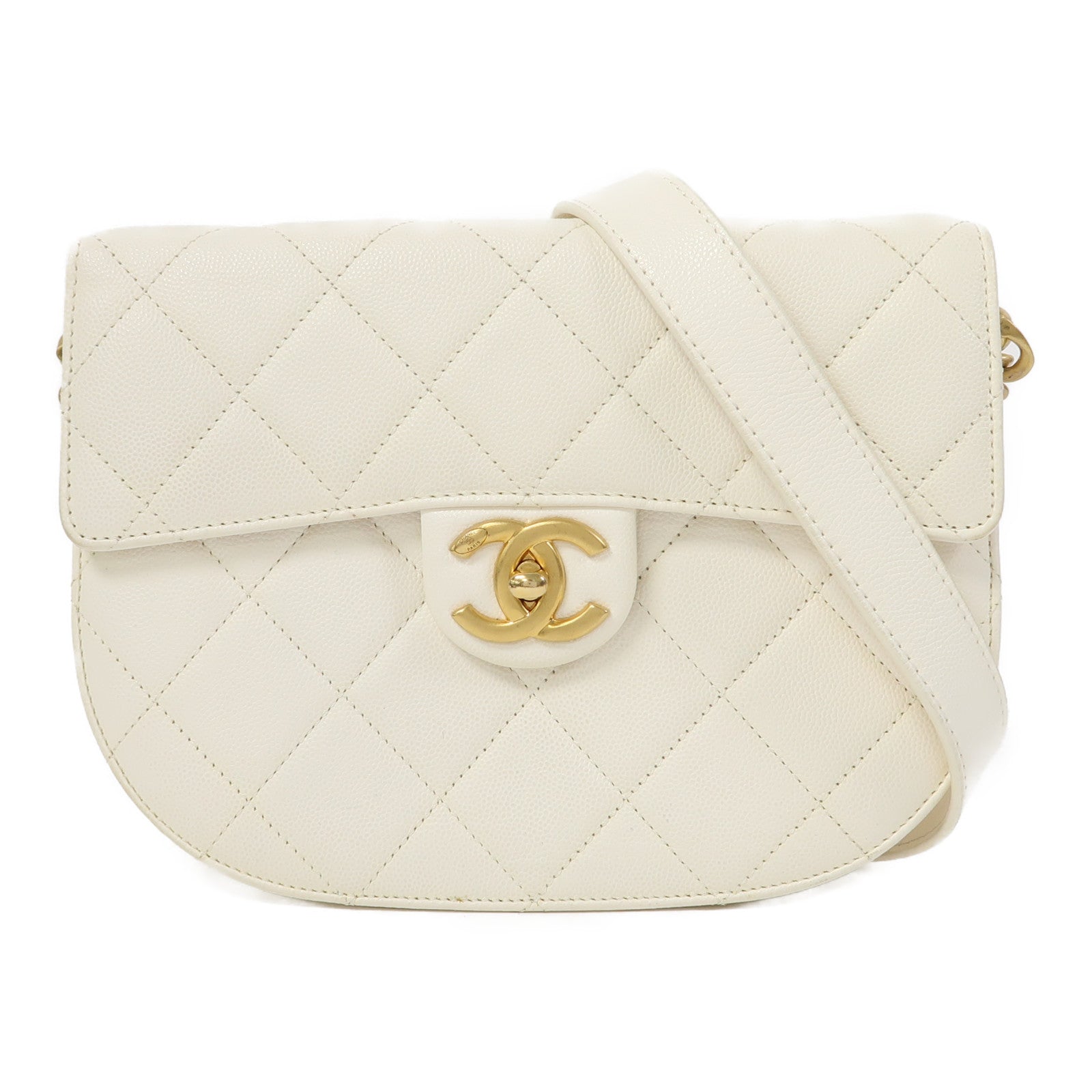CHANEL Caviar皮革Chain Shoulder金扣鏈帶肩背袋白色