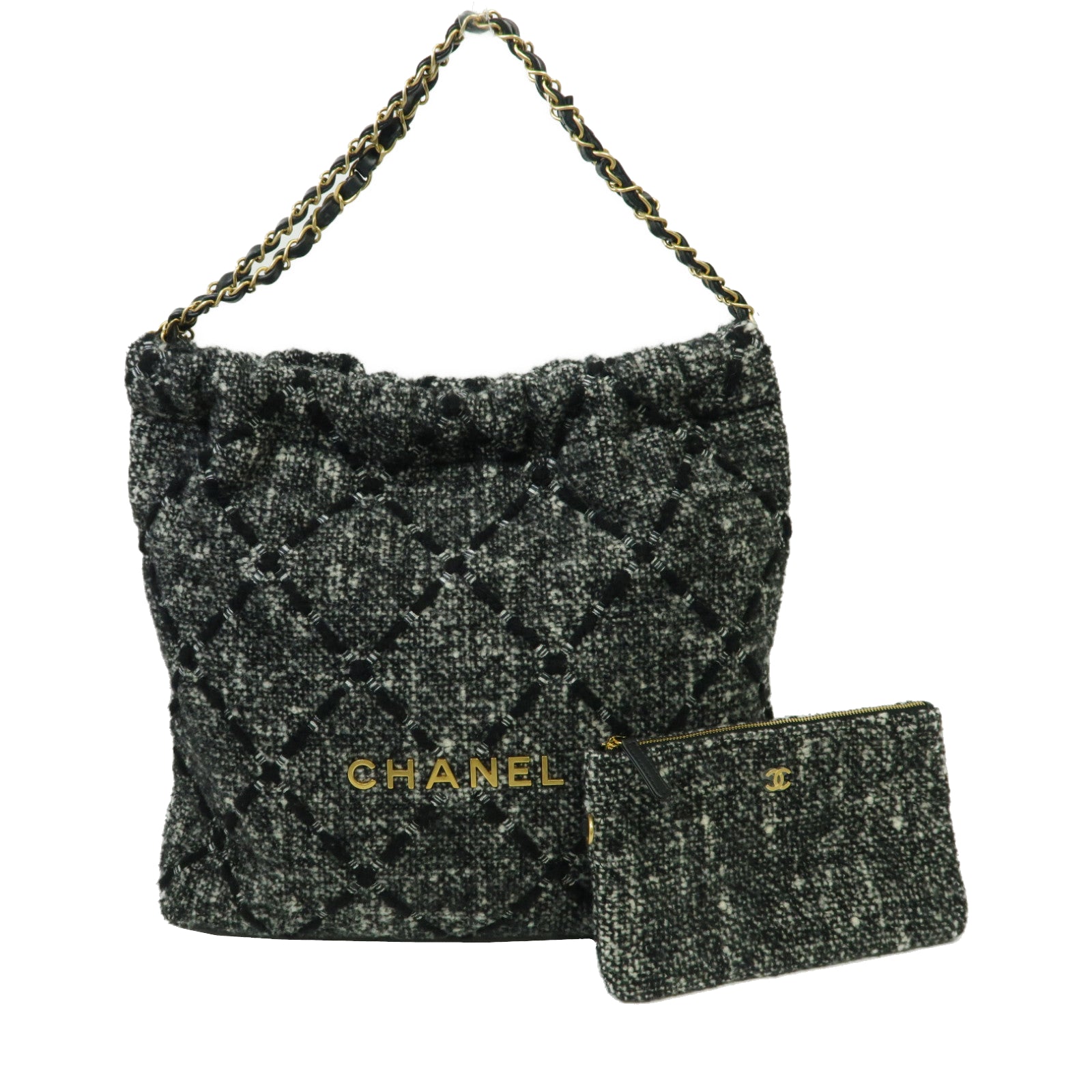 CHANEL 粗花呢Chanel 22金扣手挽袋黑色/白色