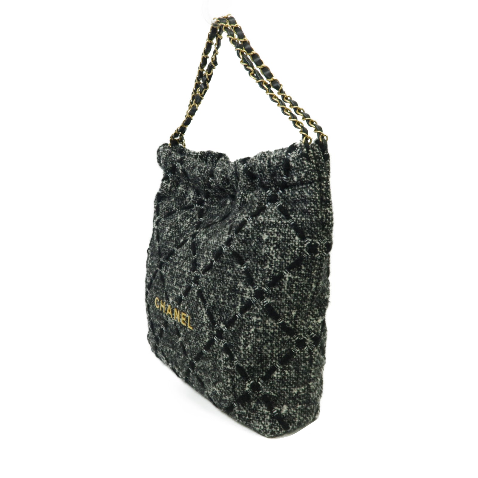 CHANEL 粗花呢Chanel 22金扣手挽袋黑色/白色